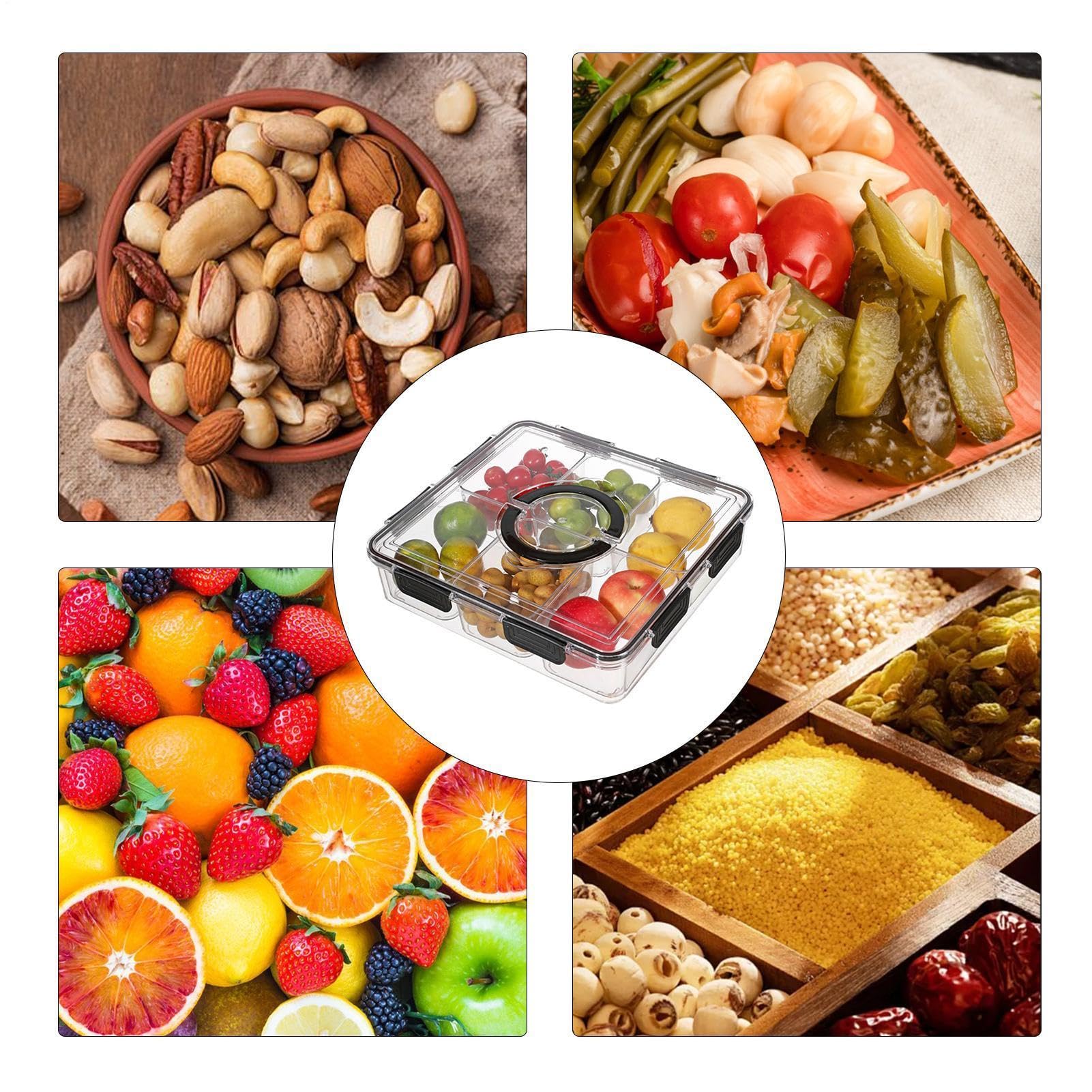 di frutta – Contenitore per salumi da 33,8 x 31,5 x 8 cm, vassoio diviso | conservazione ermetica, portatile, grande per aperitivi, organizer quadrato trasparente con 6 scomparti