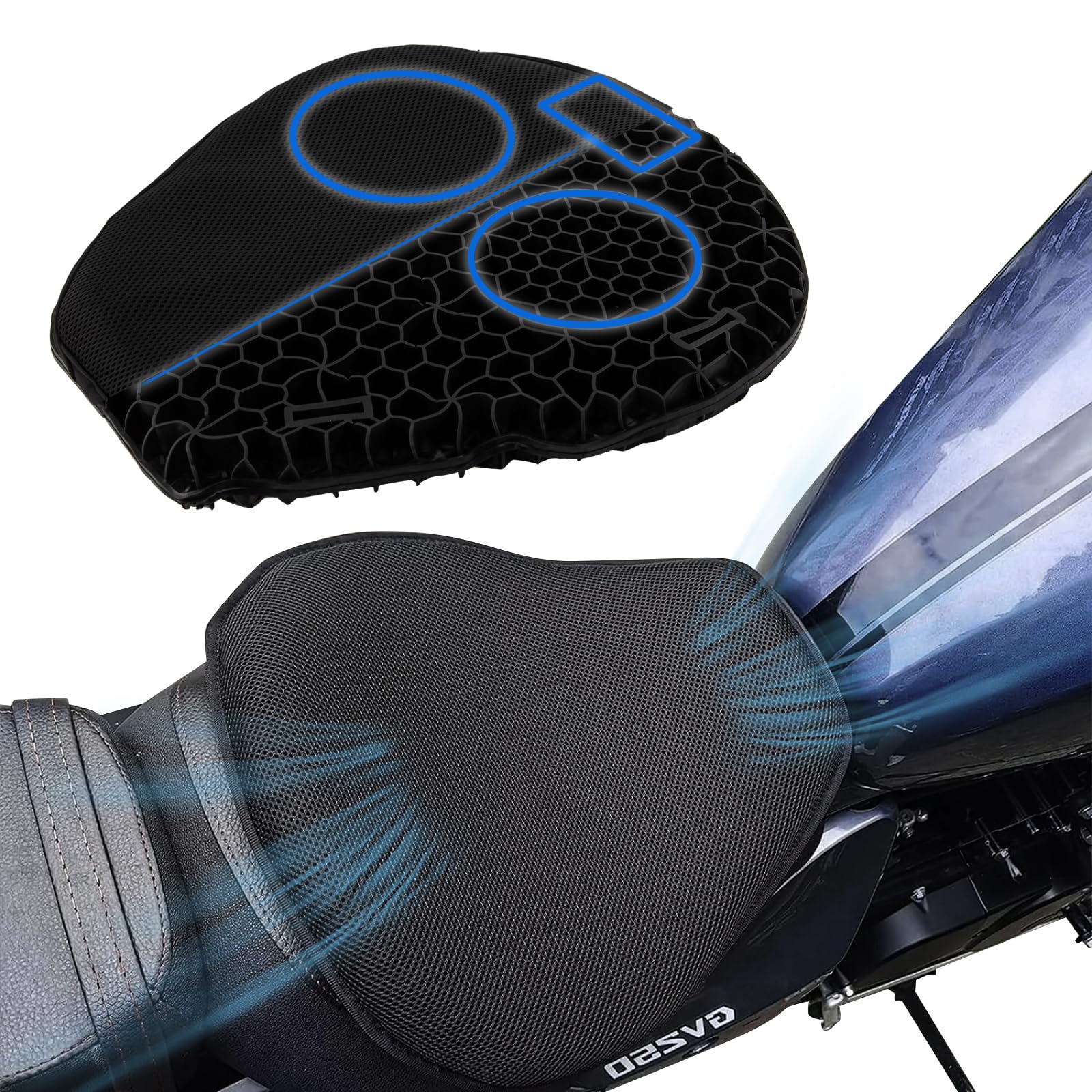 Cojín de gel universal para asiento de motocicleta, almohadilla de asiento con absorción de golpes de nido de abeja 3D, antideslizante y transpirable, con funda para asiento, para viajes de