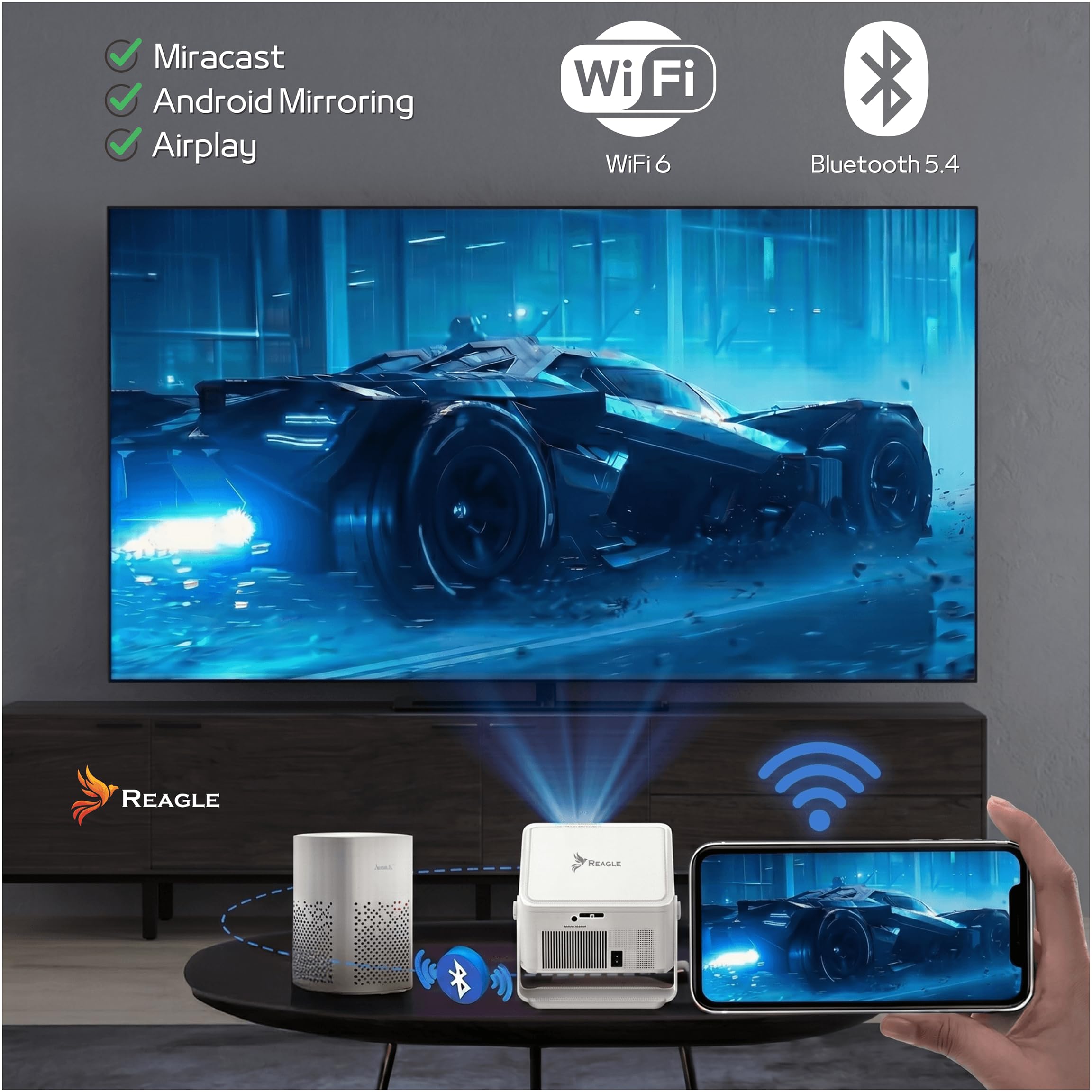 Reagle R-MOVIELUM-P60 Proiettore Smart Android 14 Full HD 1080p 4K Upscaling 1100 ANSI LED 140 Pollici WiFi 6 Bluetooth 5.4 Autofocus Keystone HDMI USB 180° Home Cinema