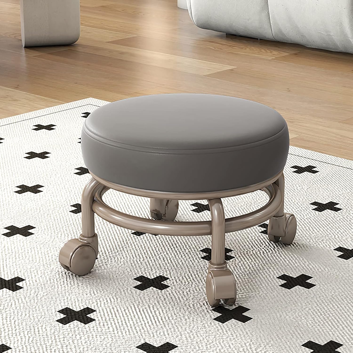 Rolling Stool Low to Ground Roller Seat with Universal Swivel Caster Wheels for Home Office or Fitness Sport or Garage Shop PU Leather High Density Cushion,F