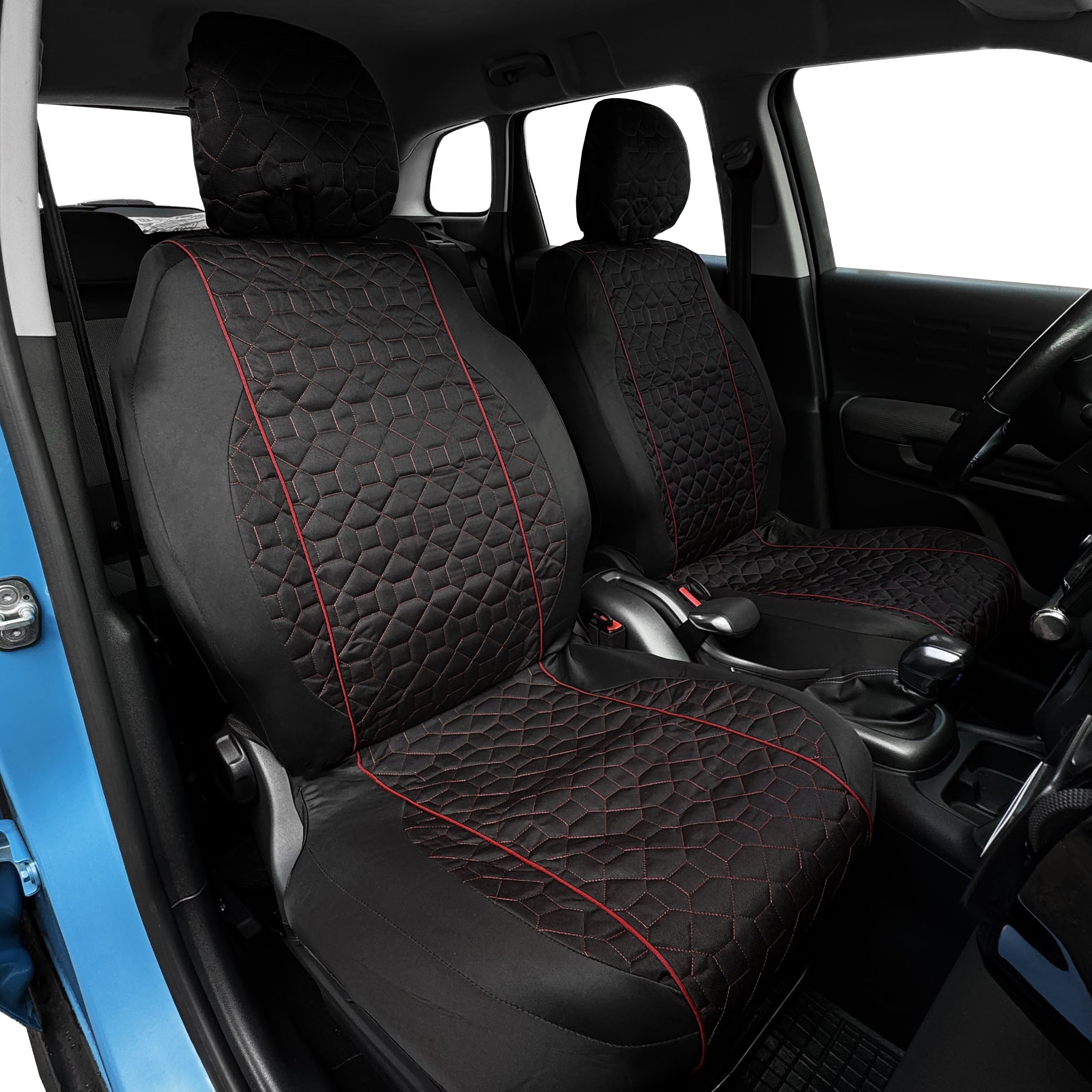 Auto Accessori Lupex | 2pz Coprisedili Anteriori Universali LS16 - Tessuto Deluxe Nero cuciture Rosso | Design Elegante, Resistente e Confortevole | Compatibili con Poggiatesta Classico
