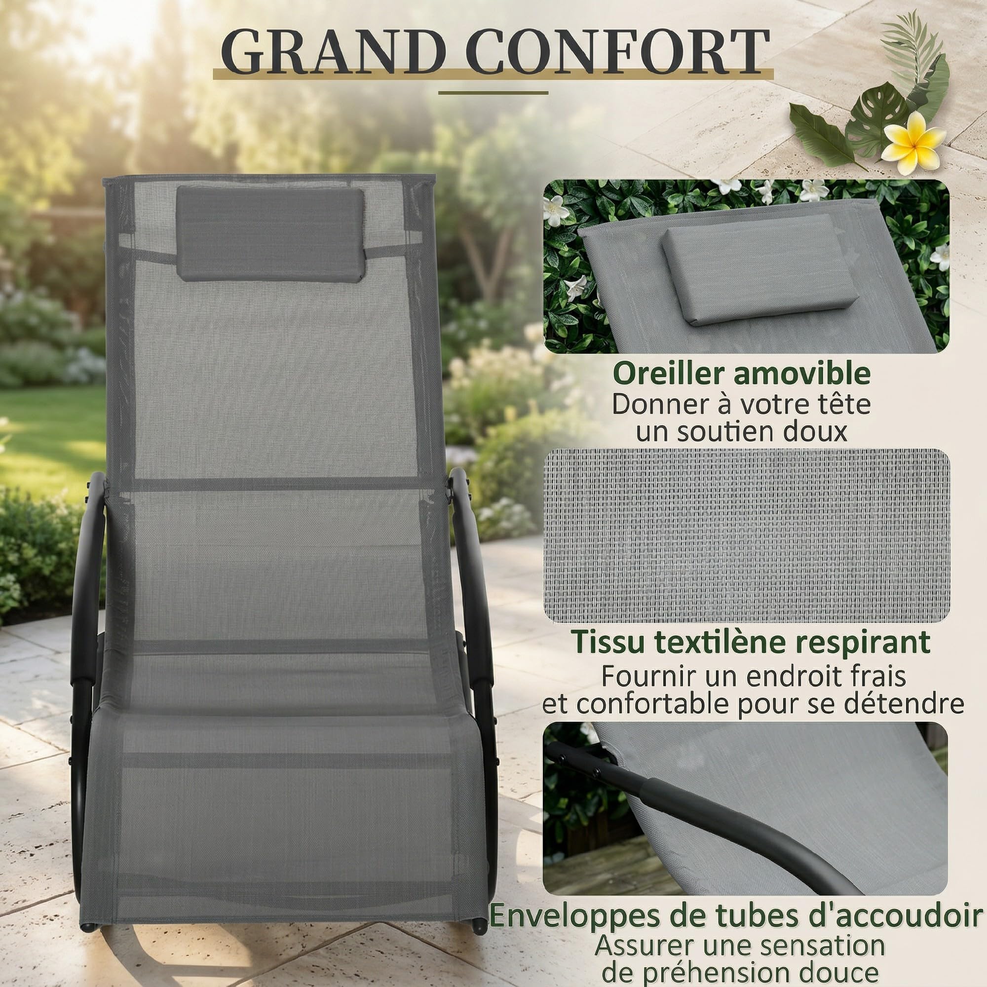 Outsunny Chaise Longue à Bascule Rocking Chair Ergonomique avec tétière accoudoirs métal galvanisé textilène dim. 62l x 150P x 84H cm Gris