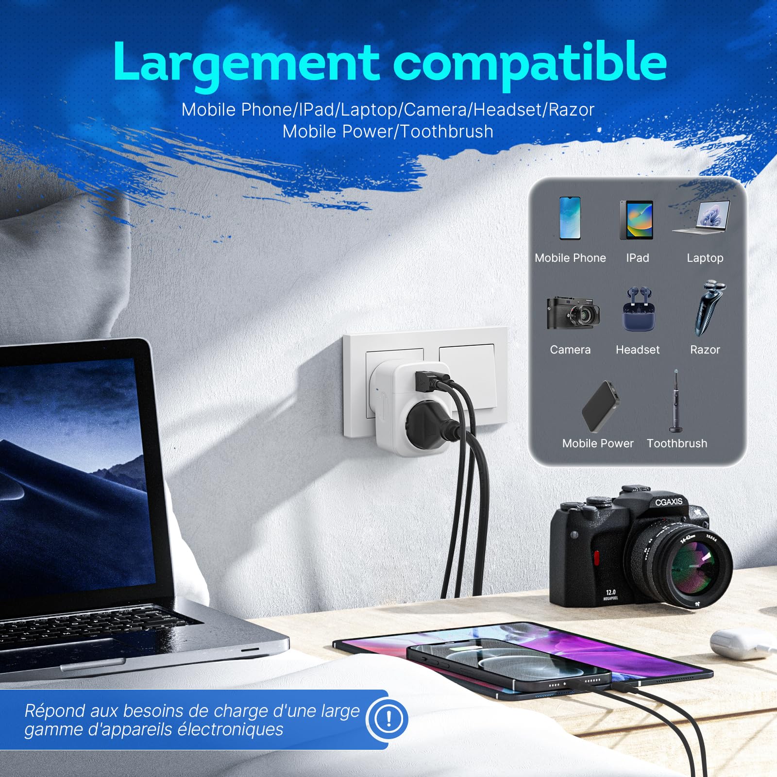 Adaptateur Prise Anglaise Type G avec 1 USB et 1 Type-C pour Royaume-Uni Irlande