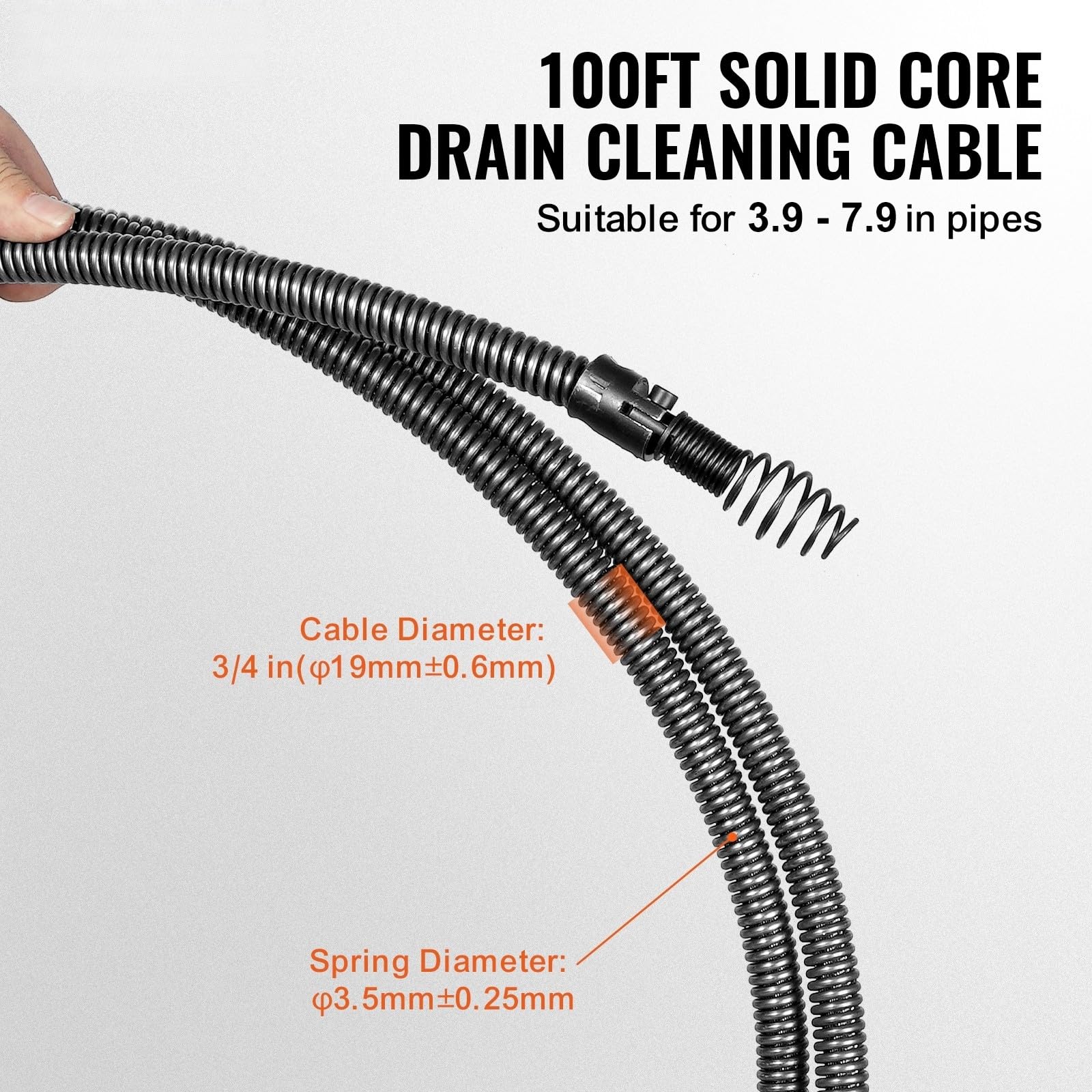 Happybuy 100 FT Drain Cleaning Cable, 3/4 Inch, Solid Core Steel with 4 Cutters, for 3.9