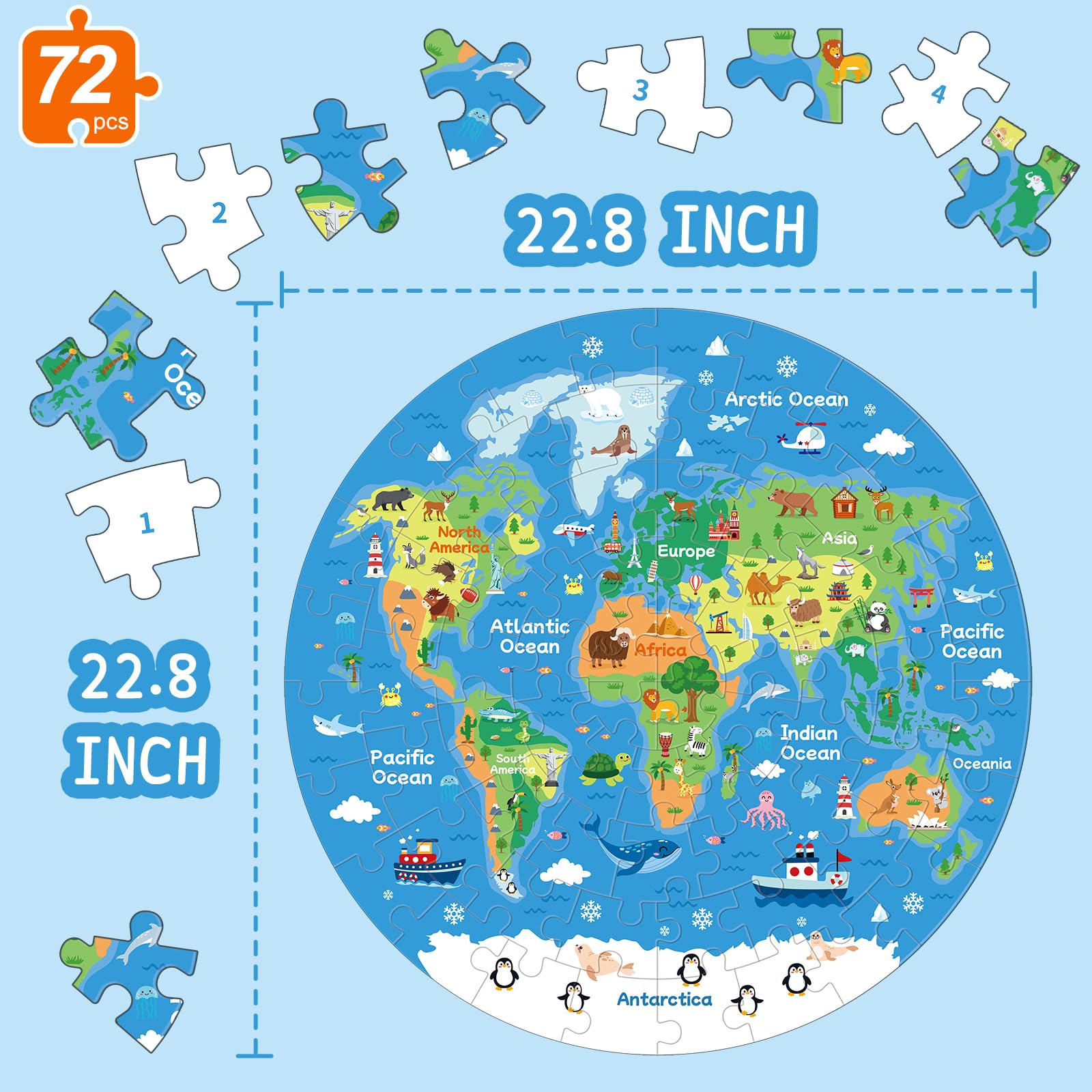 Amazon | 72ピース 世界地図 ジグソーパズル 子供用 3-5、4-6 地球儀