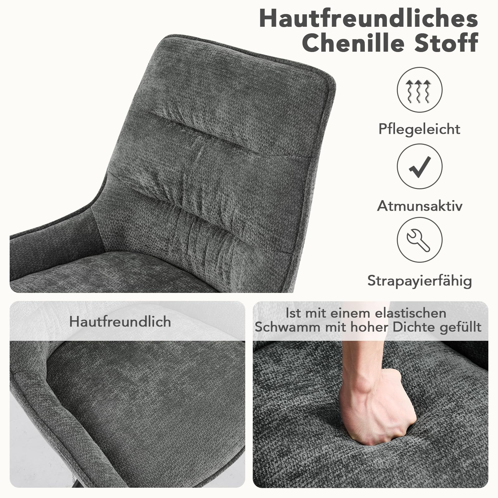 Drehstuhl Esszimmer, 4er Set 360° Drehbar Esszimmerstuhl, Küchenstuhl, Polsterstuhl aus Chenille, Schminkstuhl mit Hoher Rückenlehne und Metallbeine für Esszimmer Küche Büro, Dunkelgrau