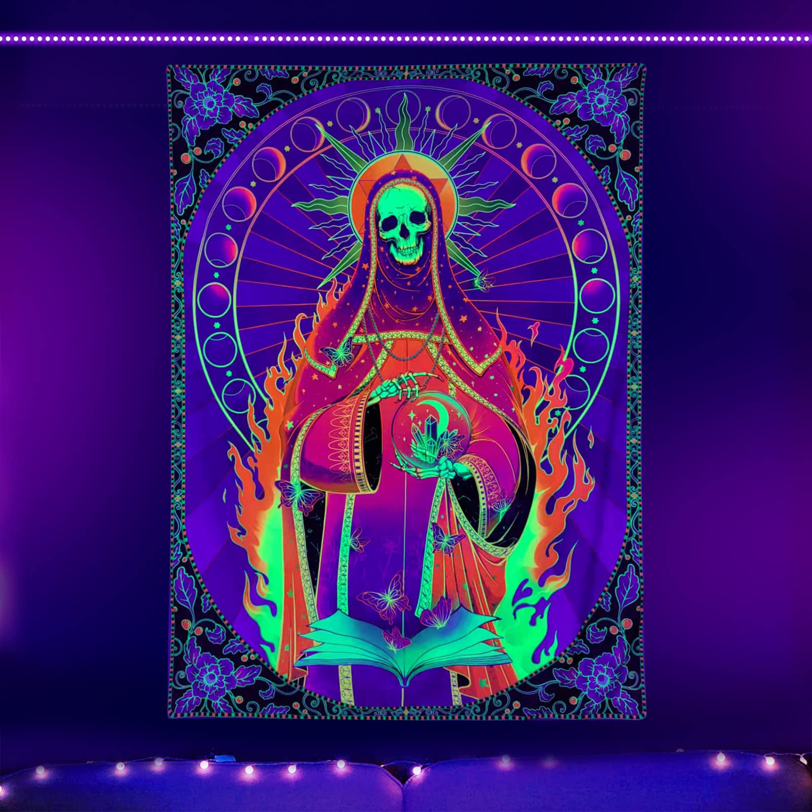 Blacklight Tapestry Skull Tapestry UV Reactive Santa Muerte Art Tapestry MoonPhase Tapestry Flower Skeleton Tapestries for Room W59.1" × H68.9"