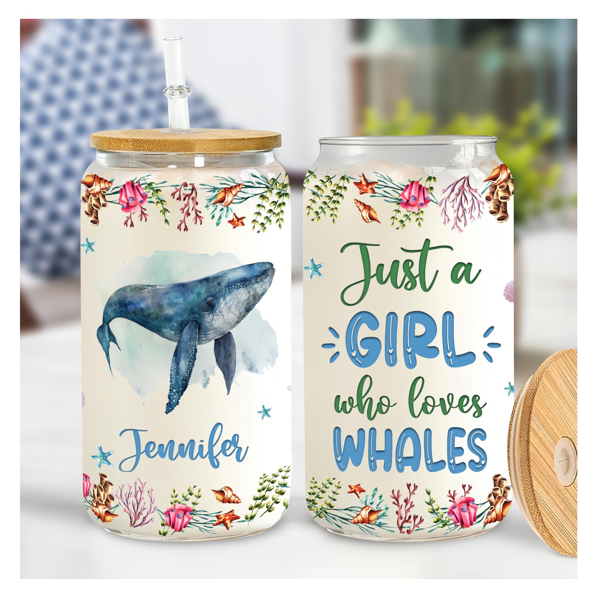 Hyturtle Personalized Glass Can Cup Gifts For Whale Lover - Custom Name Glass Cup 16 Oz For Her With Lids And Straws - Ideal Sea Animal Gifts For Women, Girls, Daughters On Birthday Christmas