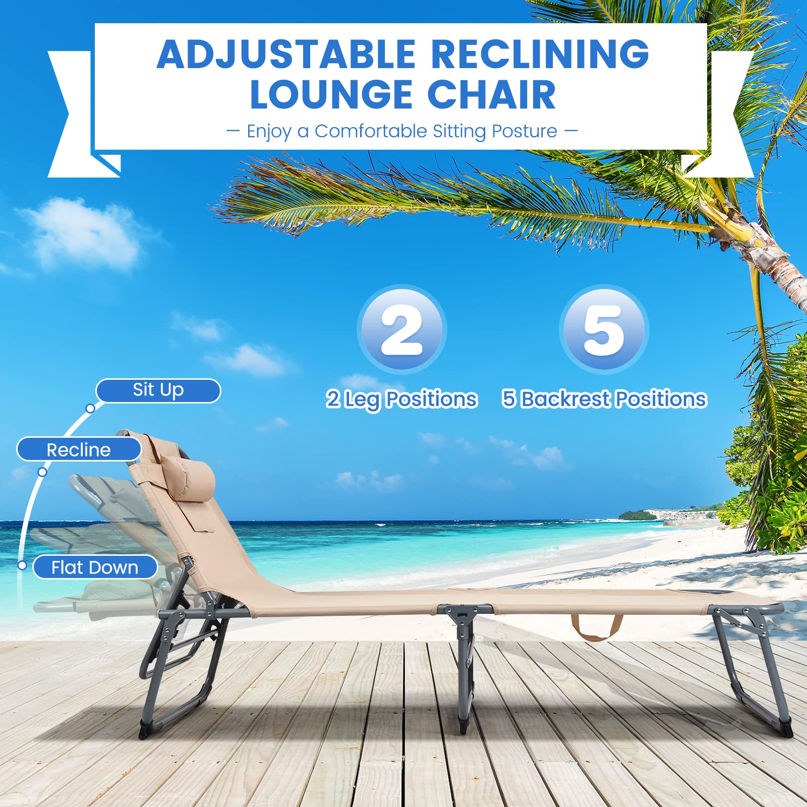 GIANTEX Chaise Longue Pliante avec Trou de Lecture, Transat Bain de Soleil Inclinable Ergonomie Oreiller Amovible 5 Positions Réglables, Transat de Jardin pour Jardin, Piscine, Terrasse (Beige)