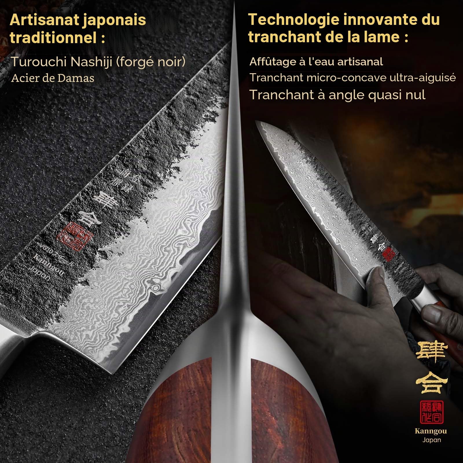 kanngou Couteau de cuisine en acier Damas 21 cm Gyuto, couteau de chef japonais extrêmement tranchant en acier VG-10 avec manche ergonomique en bois de Pakka, design Full-Tang robuste et boîte cadeau