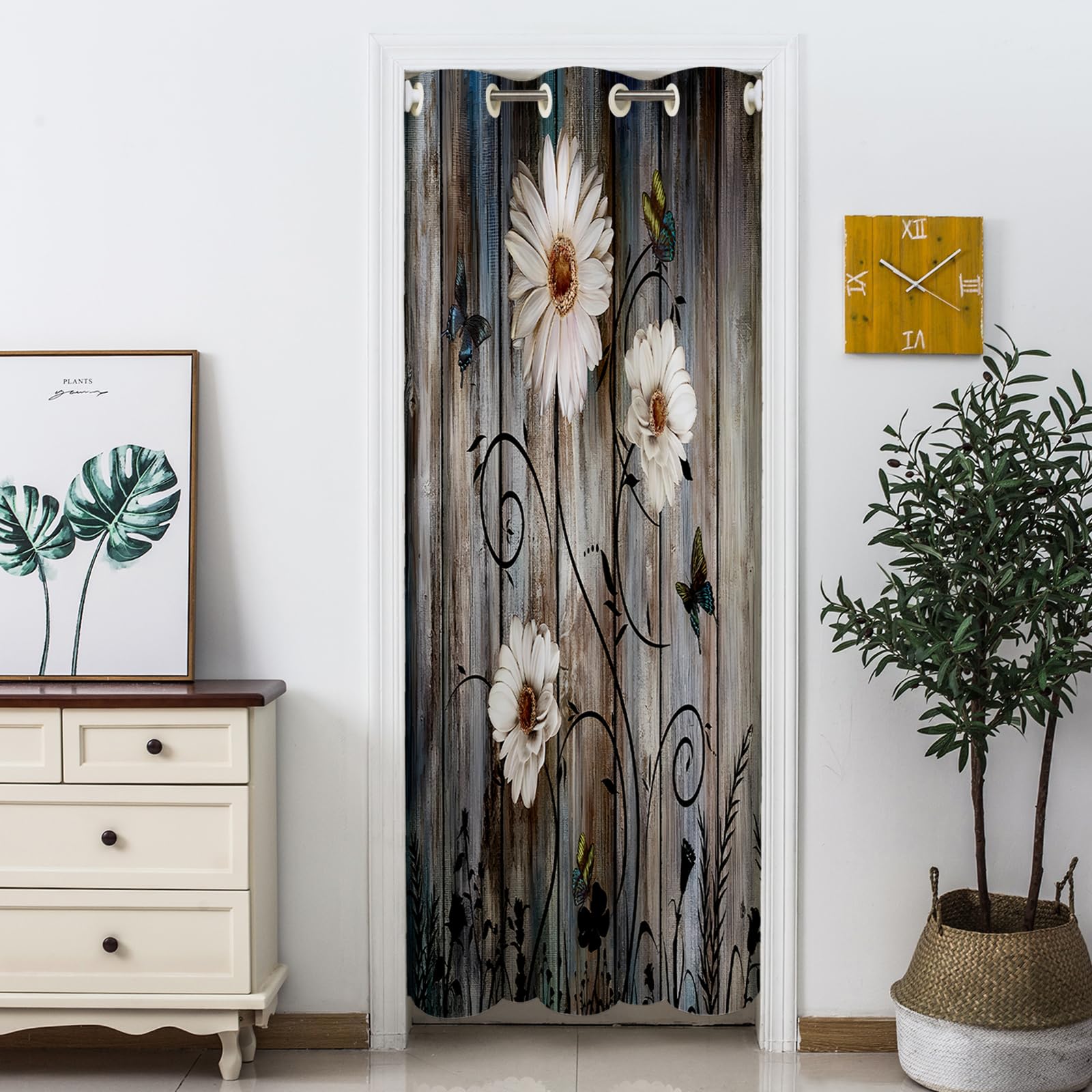 Doorway Curtain Daisy Blackout Door Curtain, Grommet Divider Curtain for Bedroom,Kitchen Thermal Insulated Doorway Curtains,Farmhouse Flowers and Wooden Door 33" W x 79" L(1 Panel)