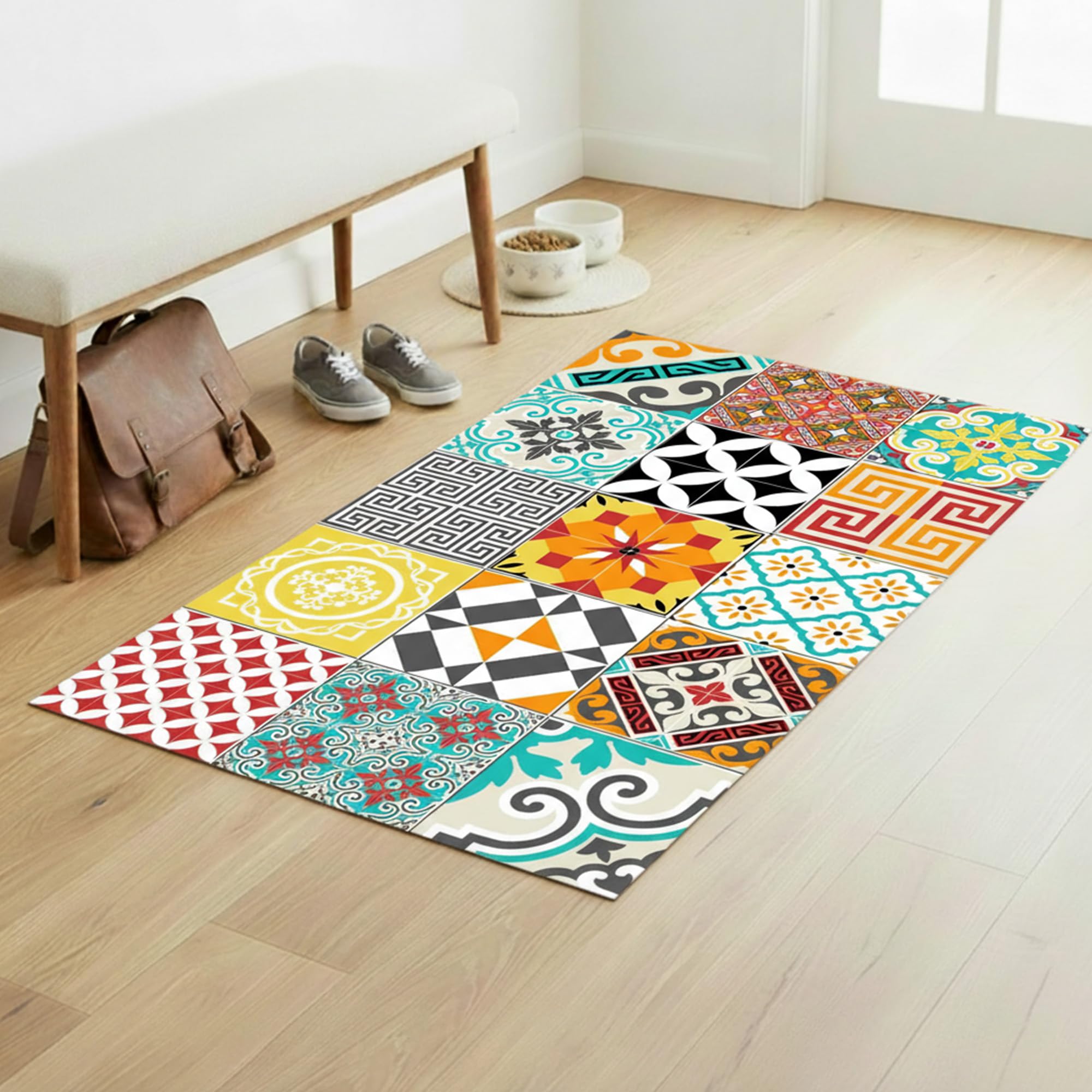 Tapis Vinyle pour le sol en PVC - Antidérapant - Protection pour le Sol - Inspiration Carreaux de Ciment - Lavable à la main - Epaisseur 2,2 mm - 60 cm x 100 cm - Tapis de sol Multicolore