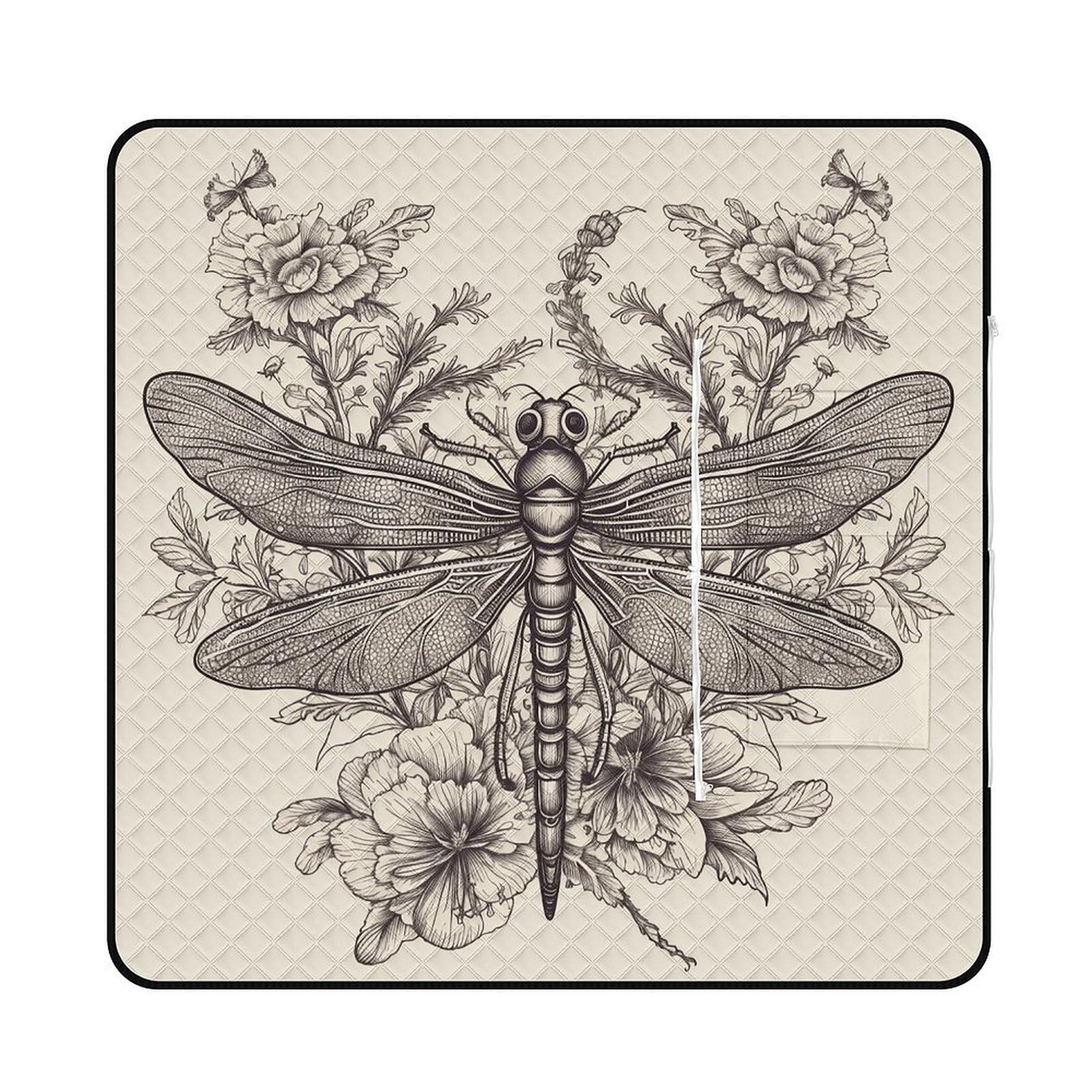 Hand Drawn Floral Dragonfly Picnic Mat 150x150cm Extra Large Picnic Blanket with Zipper Waterproof Sandproof Beach Blanket Portable Beach Mat Foldable Camping Blankets for Park Grass Lawn Travel