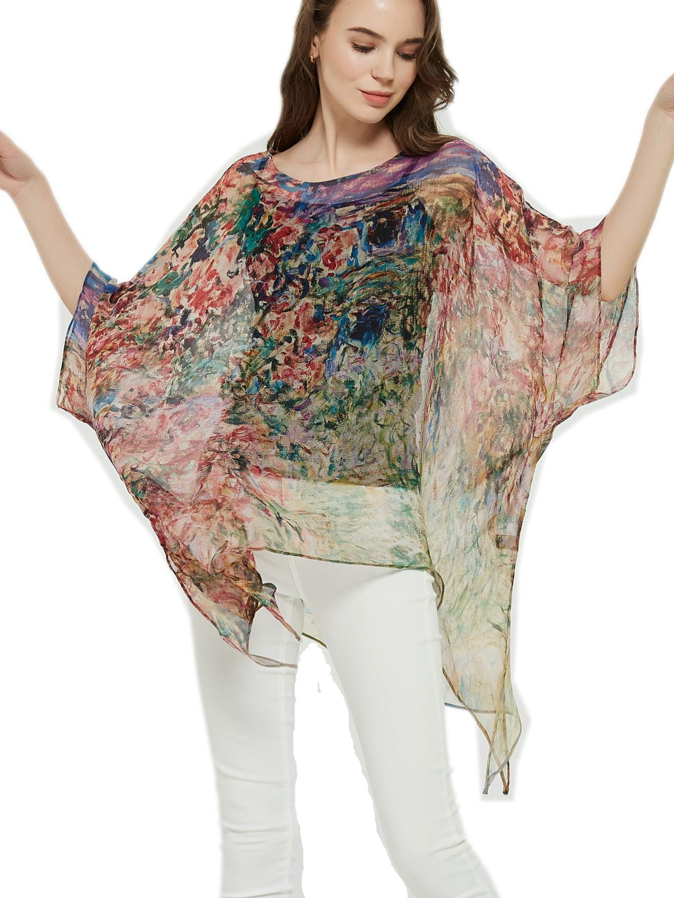 Donna Estivo Seta Chiffon Poncho Tunica Kimono Camicetta Vestito dalla Spiaggia di Estate One Size