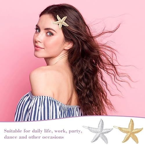 Miniatura 4 de 6 pinzas para el pelo de estrella de mar, sirena, estrella de mar, cola de caballo, flequillo dorado y plateado con purpurina, accesorios para el