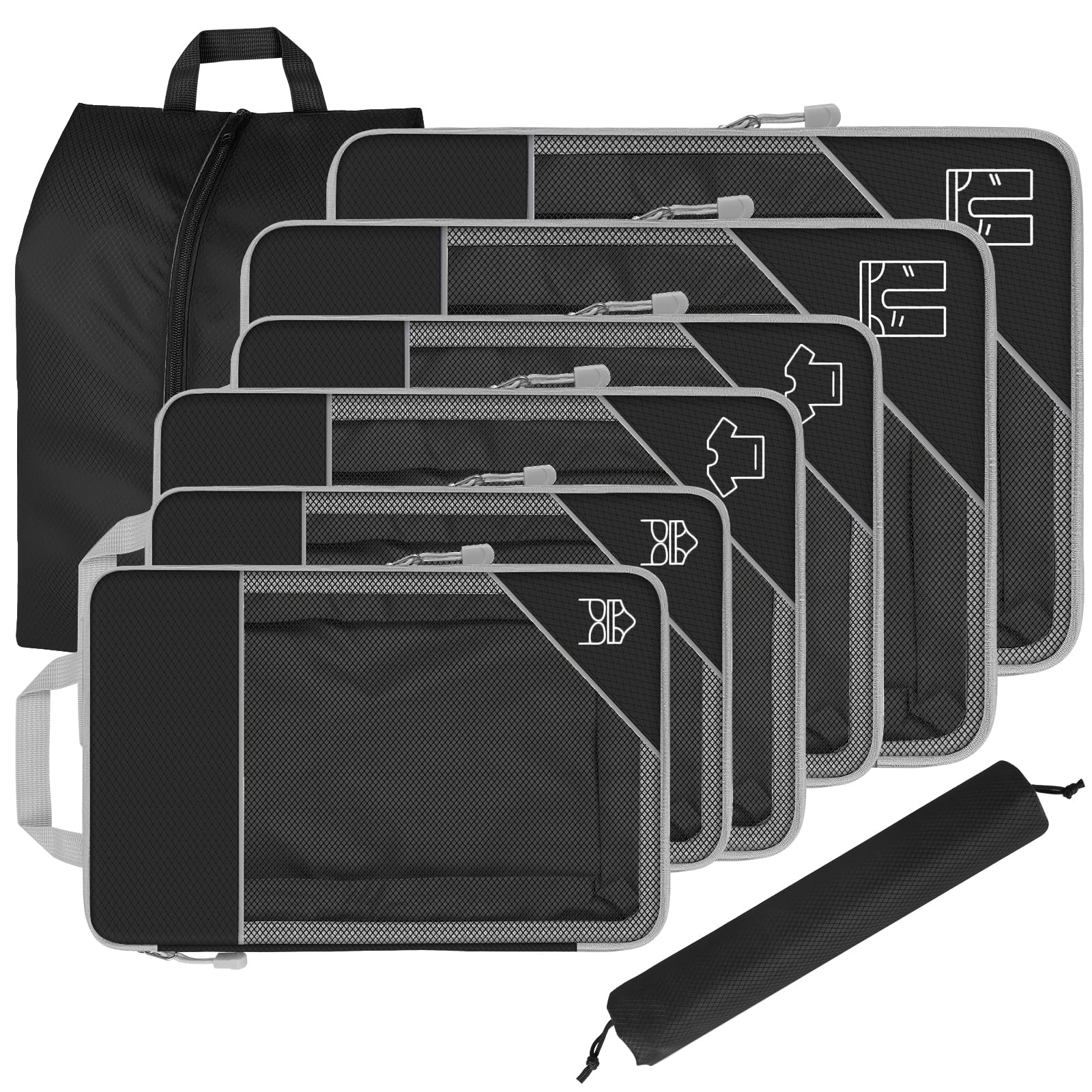 8 Set Compression Packing Cubes for Travel, Expandable Luggage Organizer with Shoe Bag & Laundry Bag - Lightweight Suitcase & Backpack Travel