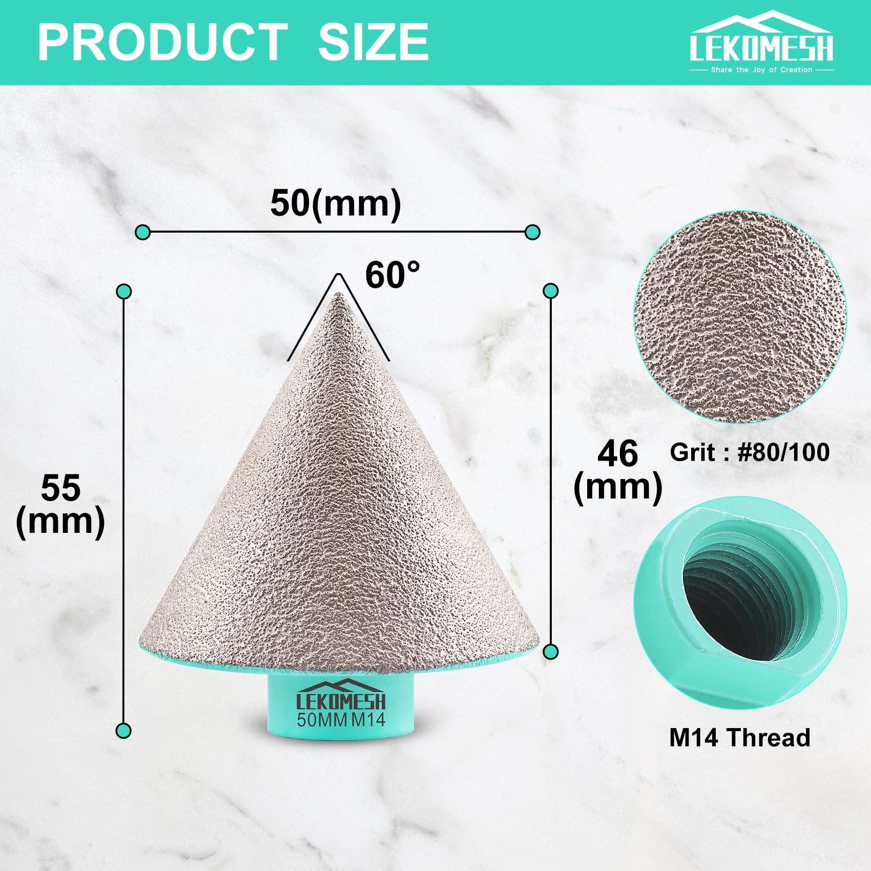 Broca Fresado Chaflán de Diamante - 50mm x M14 LEKOMESH Fresa Diamante para Aachaflanado, Biselado, Ampliación, Formar Hoyos en Cerámica,Porcelana,Azulejos,Mármol,Granito