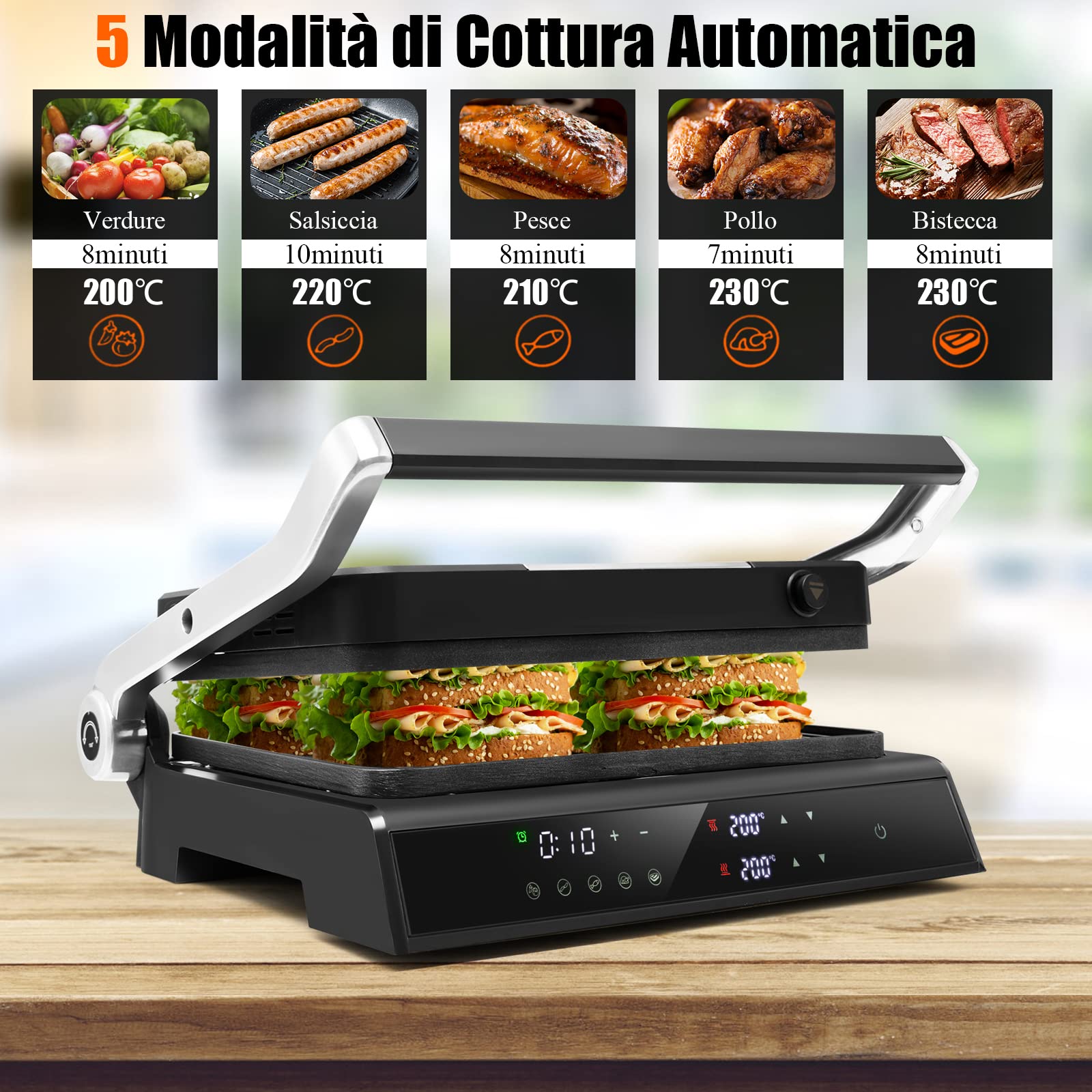 COSTWAY 3 in 1 Piastre per Panini 2000 W, Bistecchiera Elettrica con 5 Modalità Automatiche, Cottura Bifacciali, Timer 0-4H e Display a LED, Materiale Antiaderente, Ideale per Panini e Barbecue