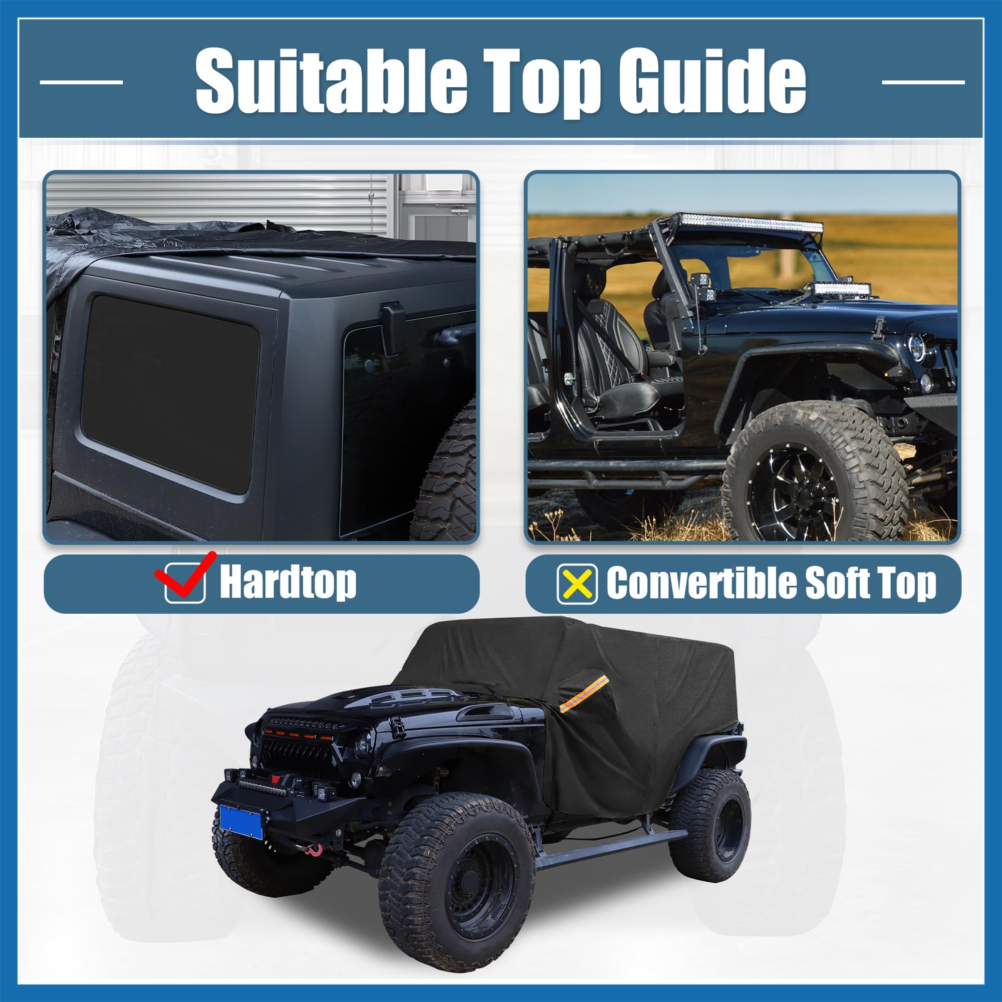A ABSOPRO Autoabdeckung SUV Autoplane Outdoor Vollgarage Auto Abdeckplane für Jeep Wrangler JK JL Hardtop 2 Tür Schwarz Artikelaustausch