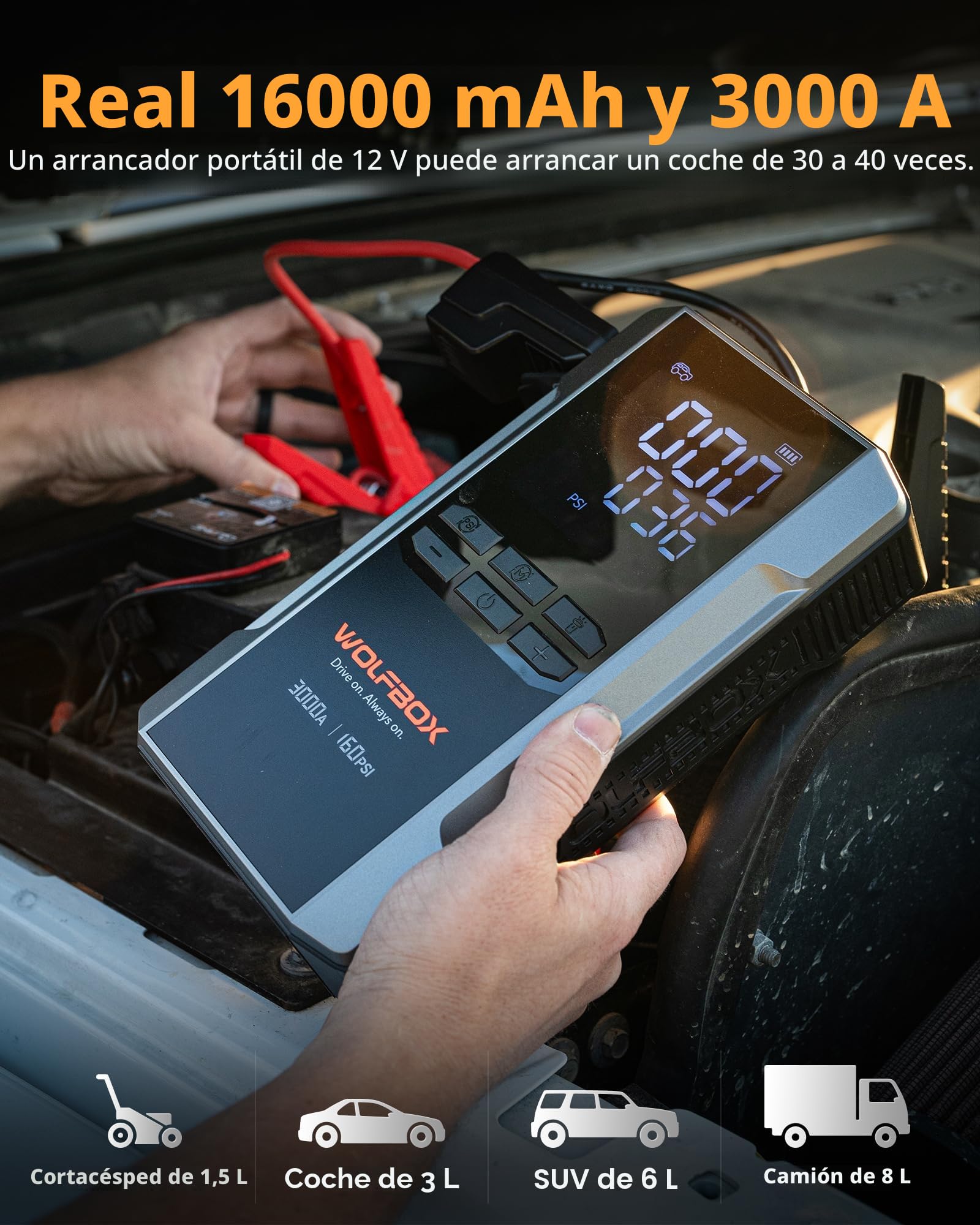 Arrancador de Baterias de Coche con Compresor de Aire, 3000A WOLFBOX Arrancador de Coche Portatil (8L Gas/10L Diesel) con Cargador Rápido 65W, Pantalla Grande y Linterna LED