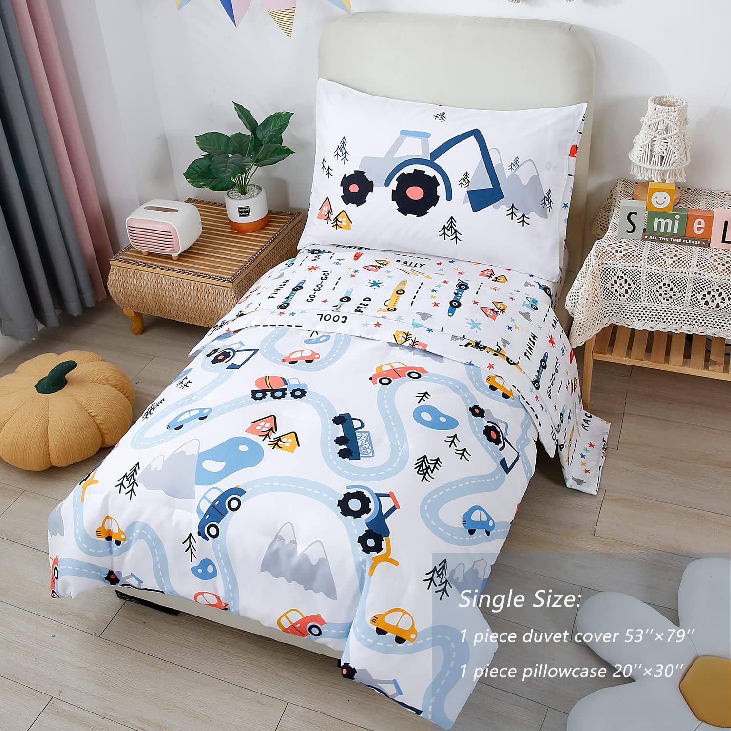 STYHO 2 Pieces Kids Duvet Cover Set Colorful Cars Printed Comforter Cover for Boys Teens Children Reversible Microfiber Quilt Cover Matching Pillowcase(White - Image 4