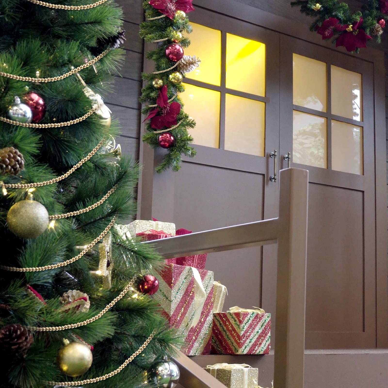 Boao Lot de 2 guirlandes de perles rondes en bois pour décorations de Noël et fêtes (doré)