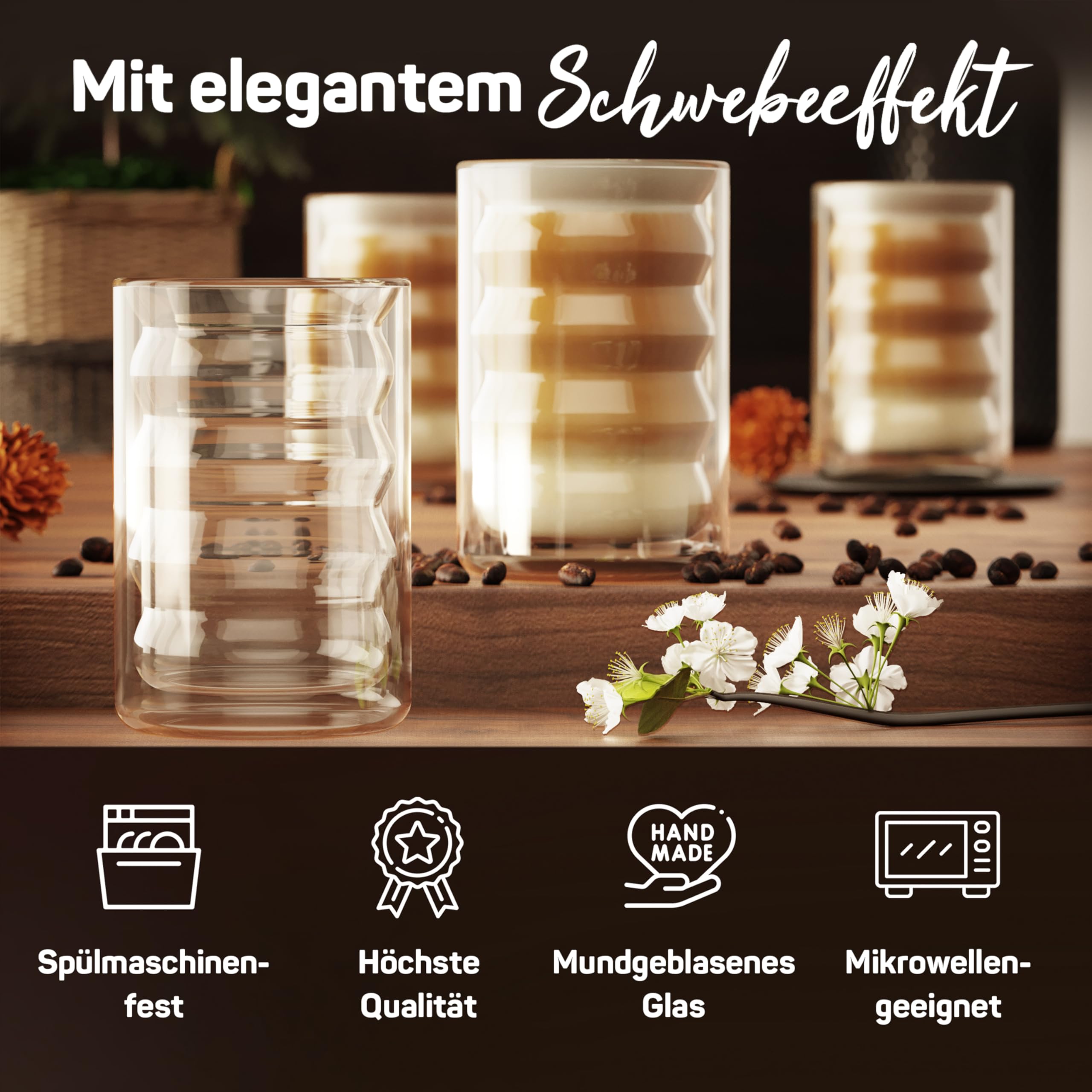 ElbFuchs Latte Macchiato Bubble-Gläser Set [10×400 ml] Doppelwandige Thermogläser, kristallklar mit Löffeln | Cappuccino-Gläser, Kaffeegläser & Teegläser