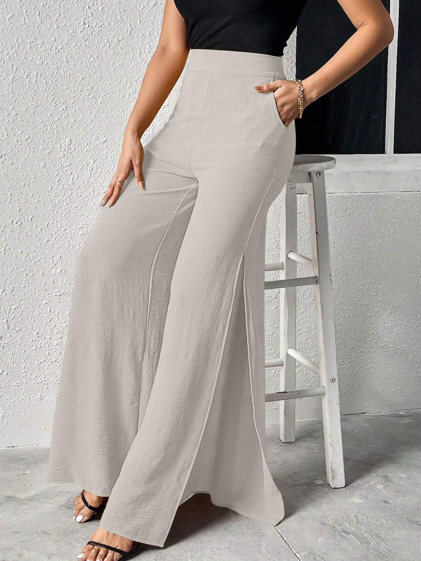 GRECIILOOKS Palazzo - Pantalones casuales de verano para mujer, cintura alta, pierna ancha, abertura lateral, pantalones elegantes para viajes, playa, ajuste holgado