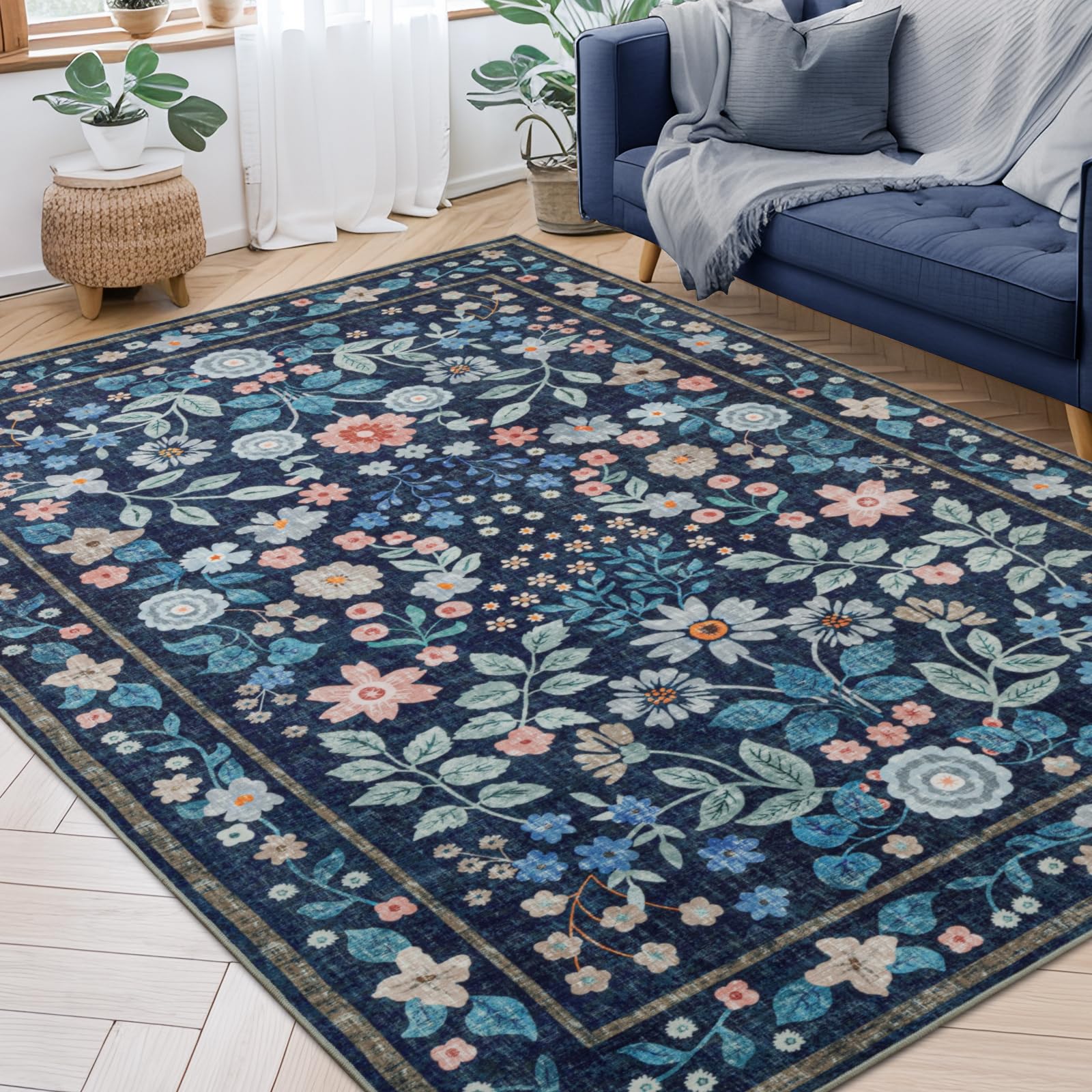 YIHOUSE 5x7 Blue Area Rug, Washable Bedroom Rug Floral Non Slip Soft, Colorful Flower Throw Carpet for Nursery Dorm Kids Room Playroom Girls Room Dark