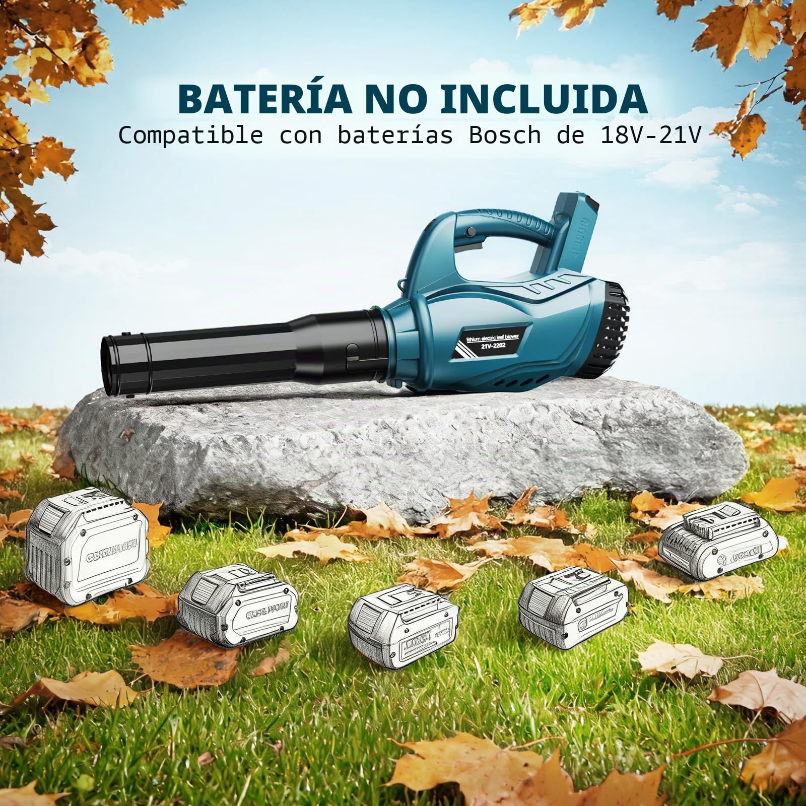 Soplador de Batería, Soplador de Hojas inalámbrico para Bosch 21 V, Motor Sin Escobillas, Velocidad Máxima 300 km/h, 3 Secciones de boquillas, 6 Velocidades Variables (Sin Batería)