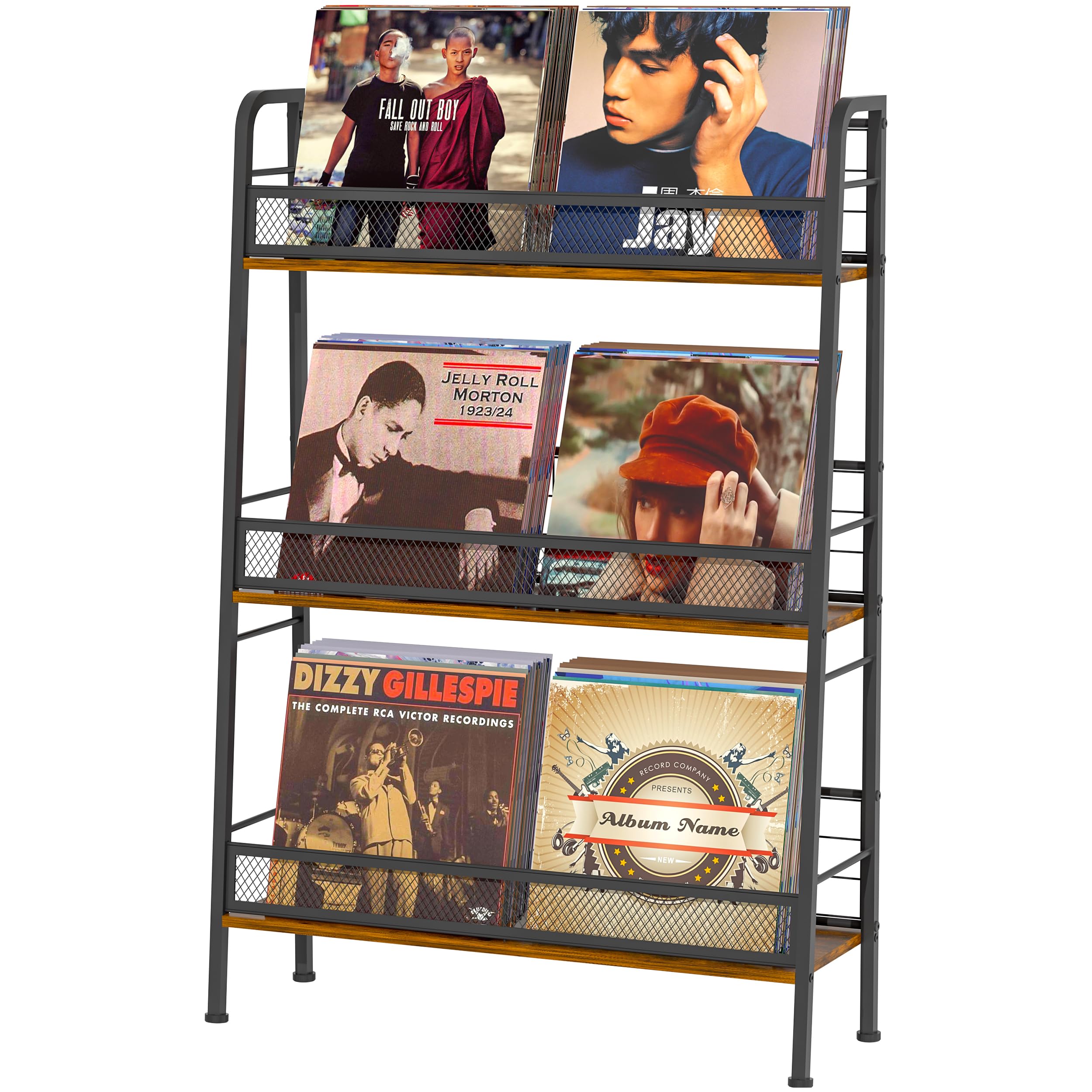 Jakyitvi Supporto per dischi in vinile, stile vintage industriale, per fino a 150 album, 3 ripiani, in metallo e legno, per dischi LP, CD, libri, riviste