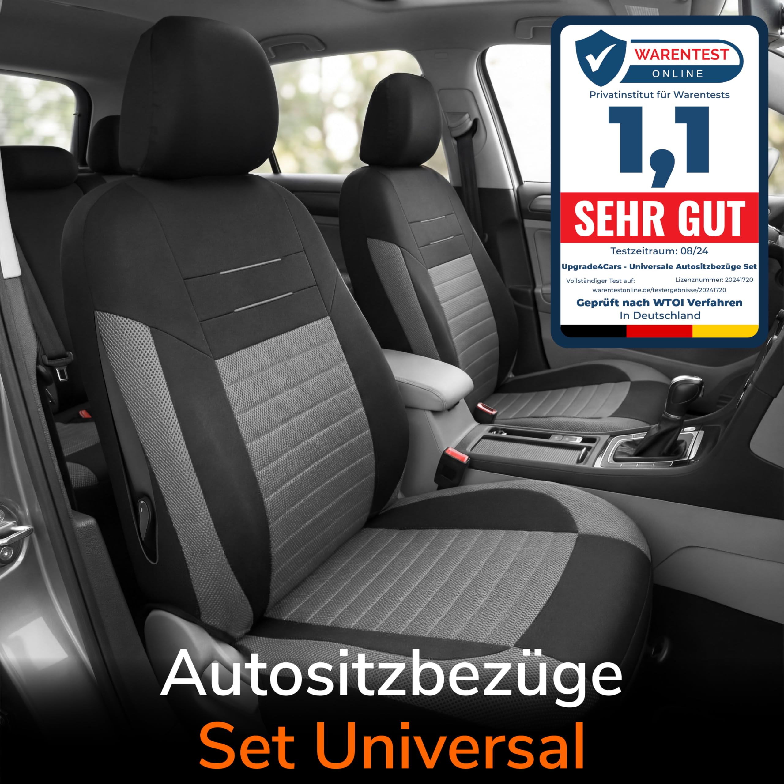 Upgrade4cars Autositzbezüge Set für die Vordersitze Version 2026 | Auto-Schonbezüge Universal in Grau für Fahrersitz & Beifahrer | Autozubehör Innenraum Deko