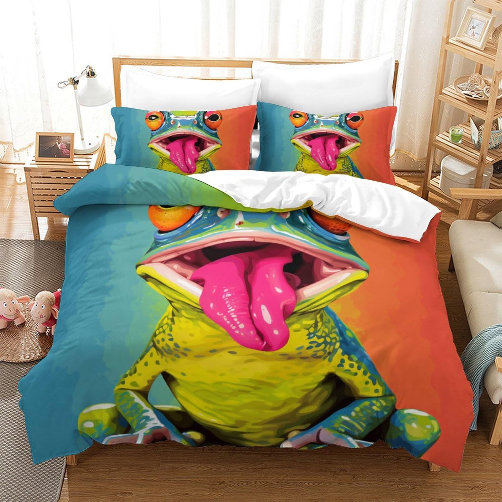 Parure de lit grenouille 200x200 cm avec housse de couette 3D zippée pour lit double