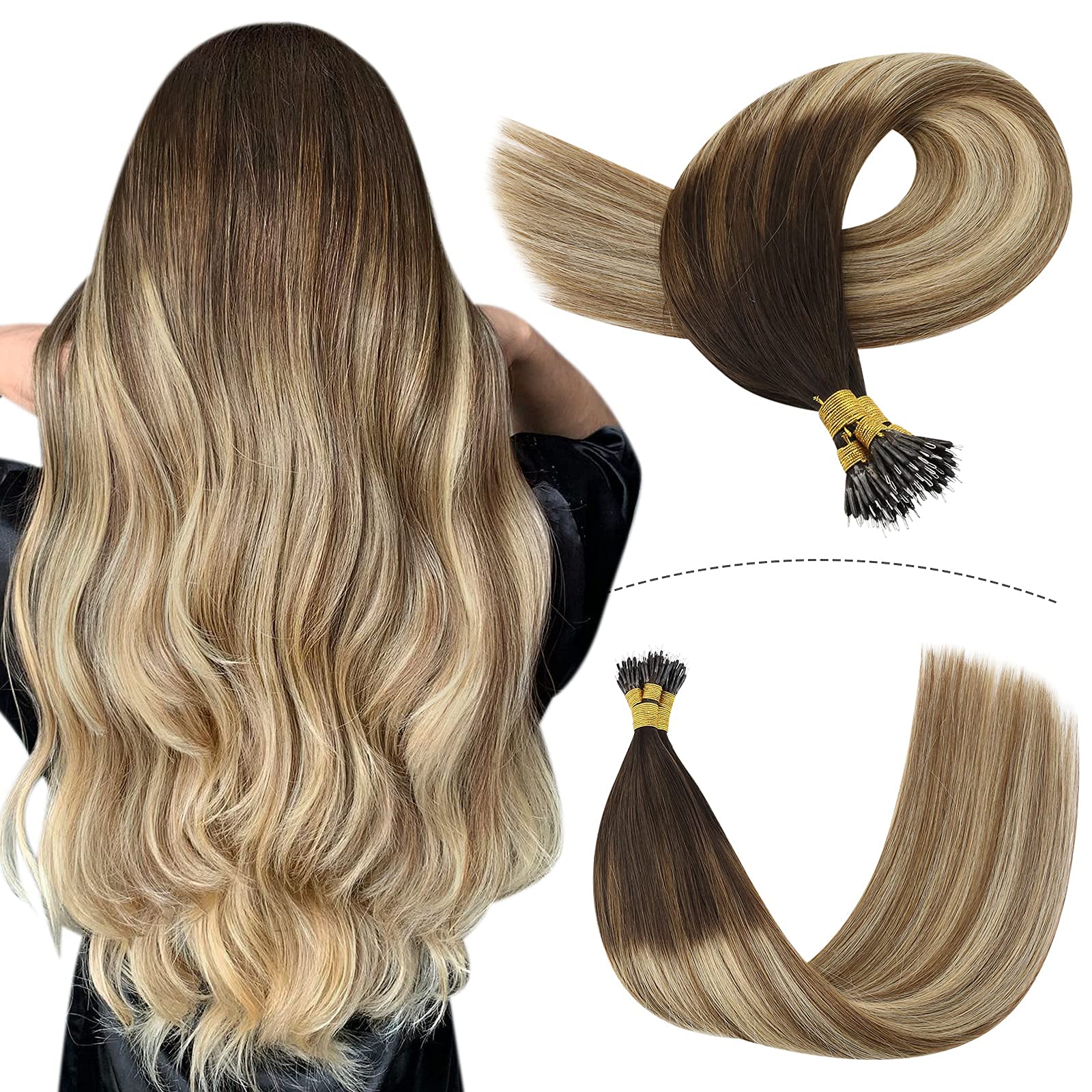 YoungSee Balayage Nano Hair Extensions Ombre Nano Ring Hair Extensions Real Human Hair 22 Inch Dark Brown to Brown with Blonde Human Hair Nano Bead Extensions 50s/50g #2/6/24