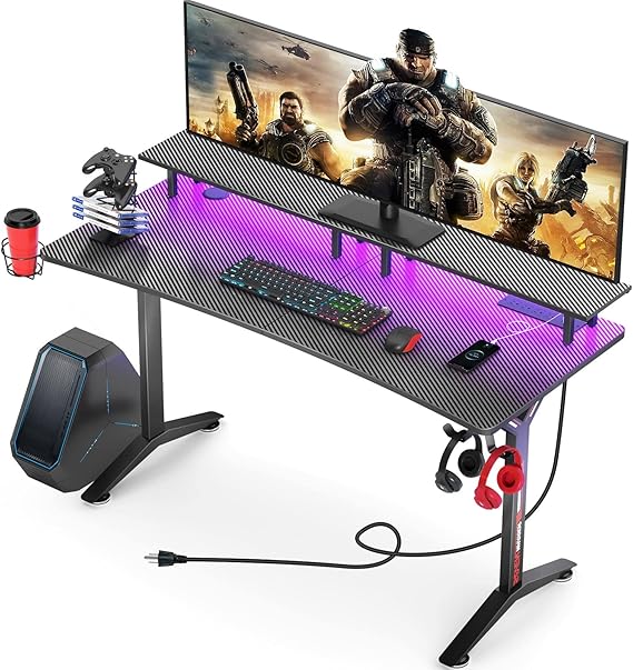 ESMIG Gaming Desk 55 Inch with LED Light Strip and Power