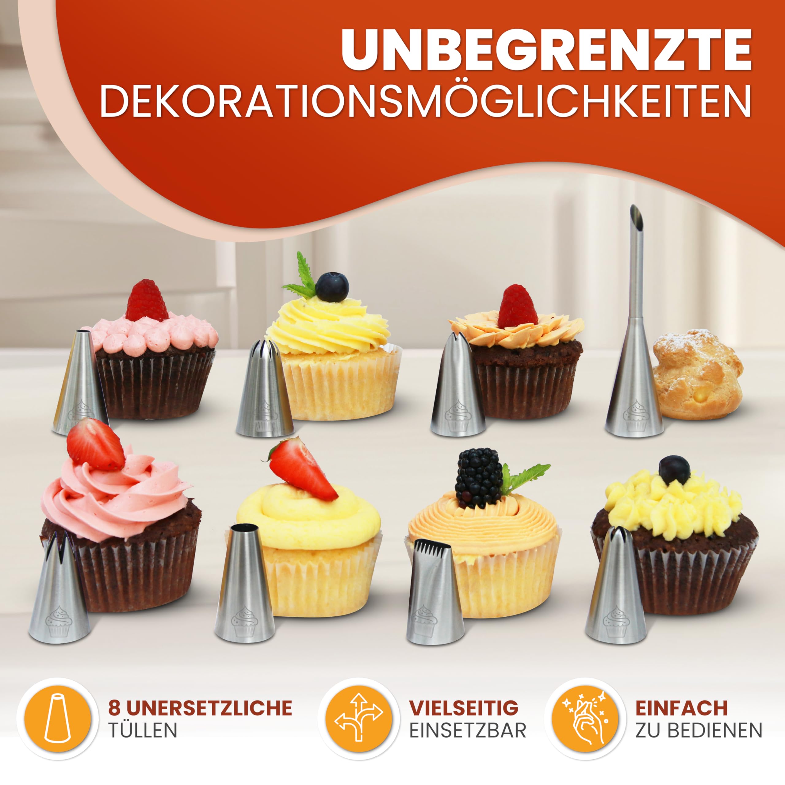 Premium Spritzbeutel Set (11-teilig) - 35cm Baumwolle Spritzbeutel mit Tüllen aus Edelstahl zum Dekorieren von Torten, wiederverwendbar und spülmaschinenfest, inkl. Adapter & Geschenkbox