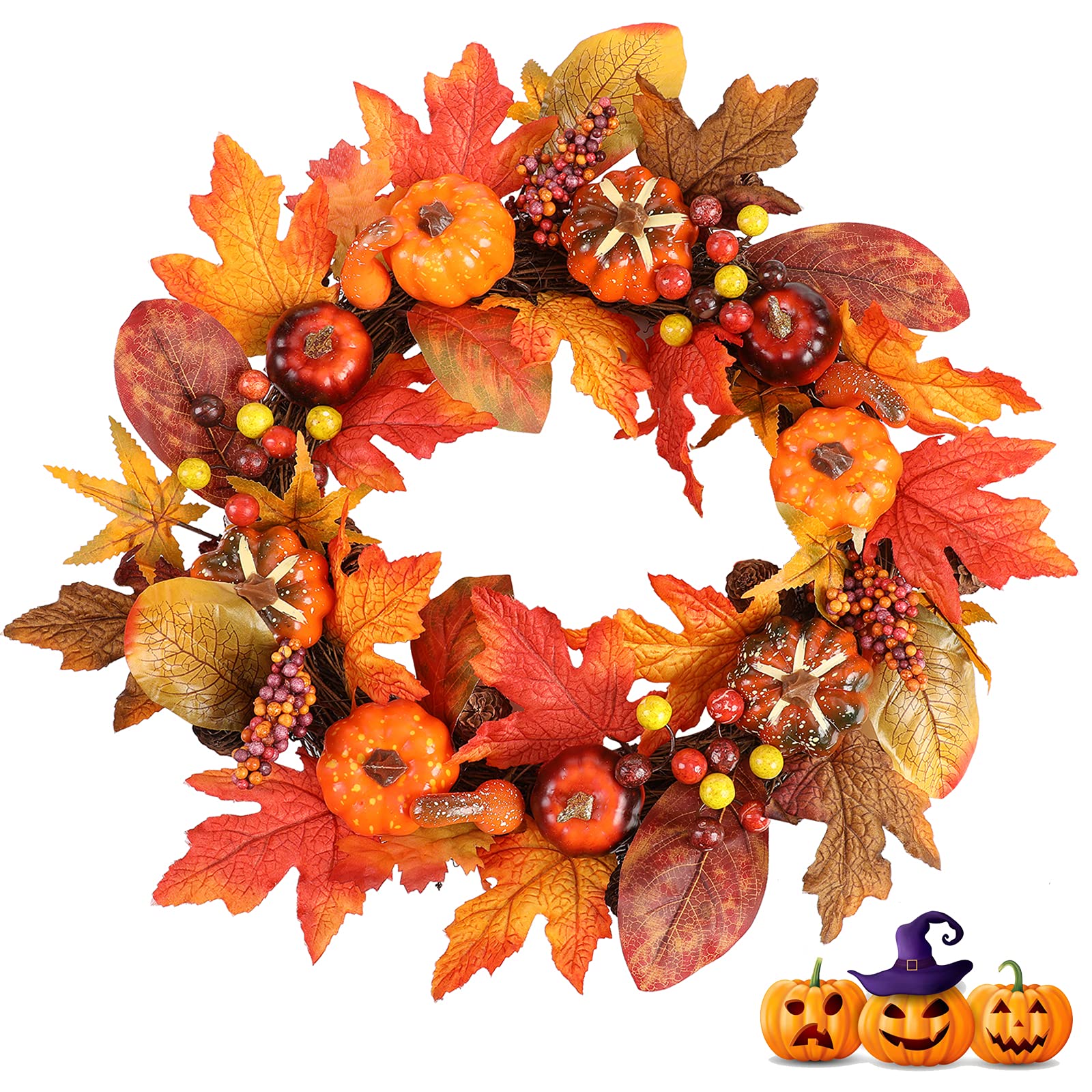 Fall Wreath for Front Door 22 Inch, Halloween Decoration Artificial Door Wreaths for Front Door Outside Wall Window Indoor Outdoor Wreath Decor- Pumpkin Berry Autumns Thanksgiving Decorations for Home
