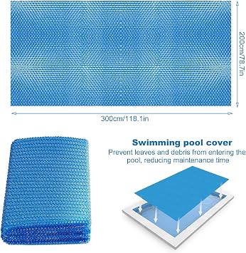Rectangular Pool Cover, Protective Cover, Swimming Pool Solar Tarpaulins, Bubble Film, Pool Insulation Film, Thicker and Durable, Dust and Leaf Repellent, Can Be Cut to Size, Blue (300 * 200cm)