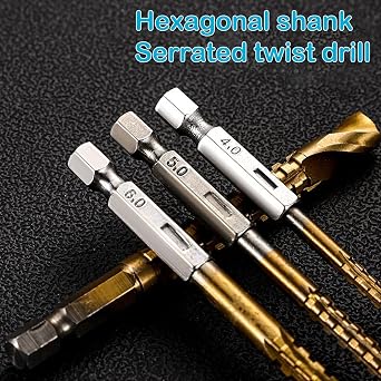 5Pcs Titanium Coated HSS Twist Drill Bits, Hex Shank 3/4/5/6/8mm Head, Serrated Side Cutting Drill Bit for Carpenter Woodworking Wood Metal Plastic