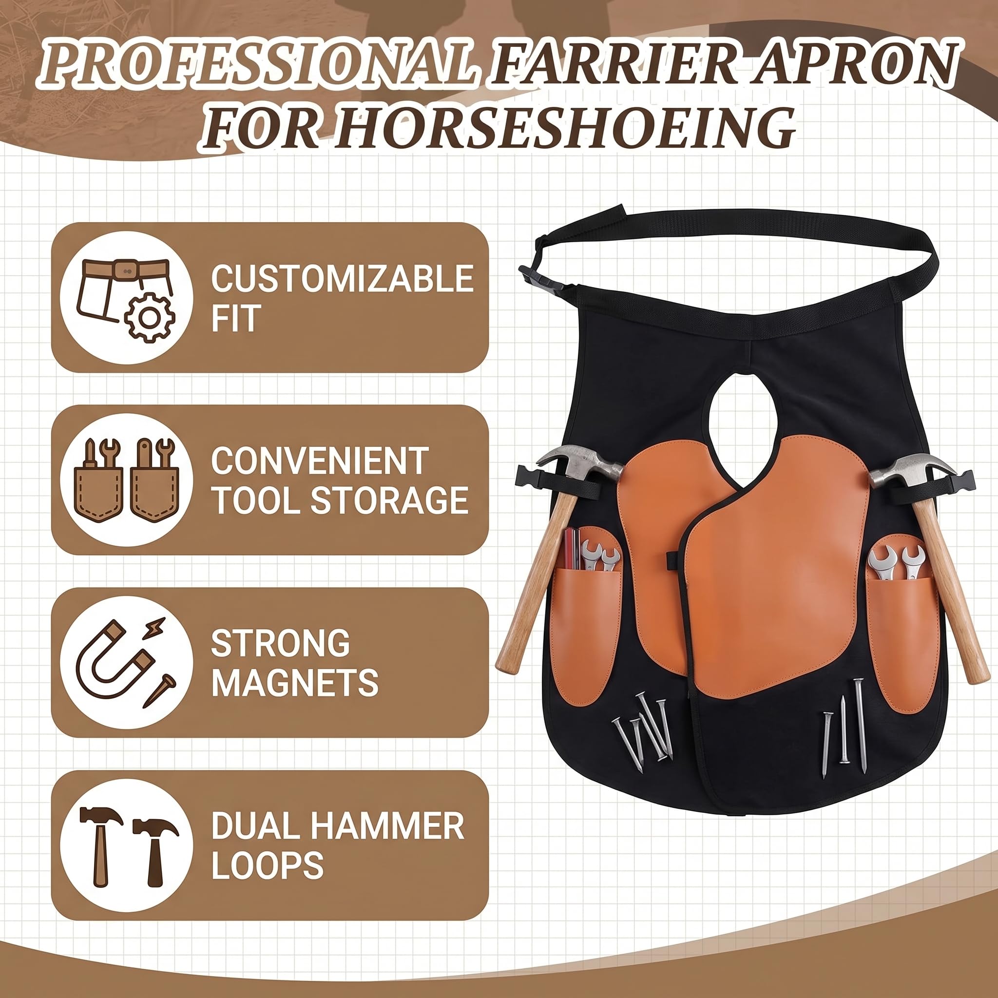 Yctze Delantal para cascos, Herramientas de herrador Con Piel de vaca, gamuza, lino Cinturón ajustable Ergonómico Delantal para el cuidado de los cascos Para herrar y cuidar los cascos