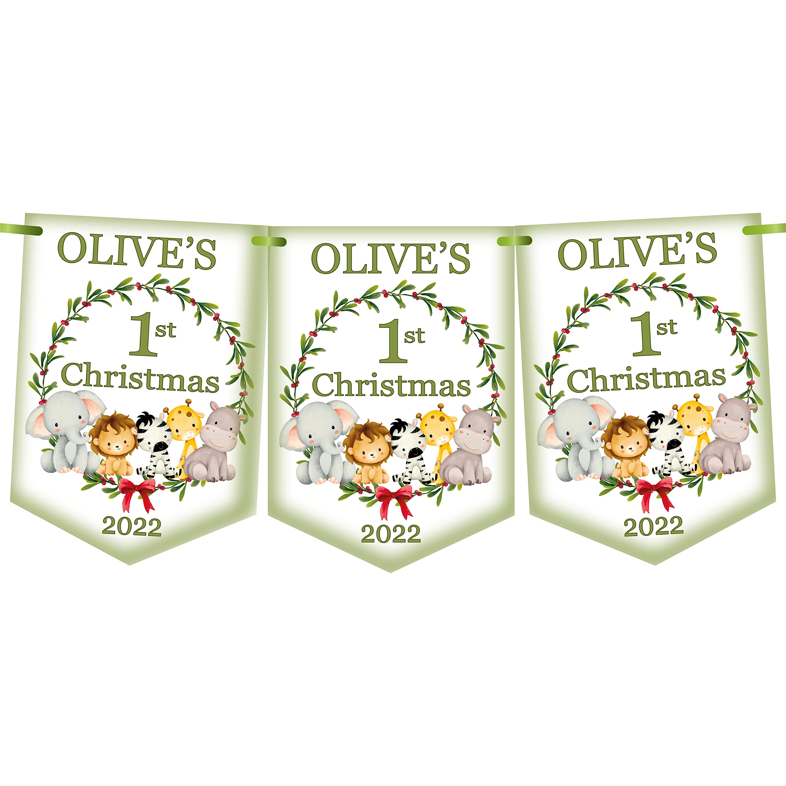 1st Christmas Decoration,Banner,Bunting,Keepsake,Baby's 1st Christmas Card,Boy or Girl,Jungle Babies