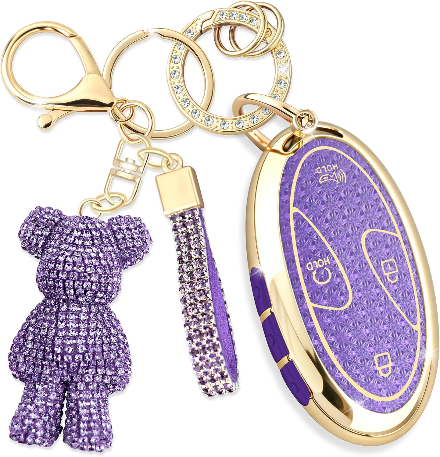 Cute Key Fob Cover with Rhinestone Bear Charm, TPU Smart Key Case for Women, Compatible with Hyundai Ioniq 6 Grandeur KONA Santa Fe Elantra Tucson Sonata (5 7-Button,Gold Purple)