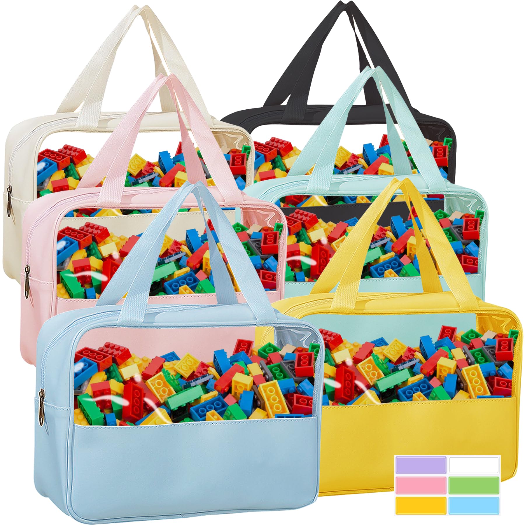 Dcwunk 6-Pack Large Toy Organizer PU Leather Organizer Bag with Zipper, Toy Organizer Bag with Portable Handheld Device, Waterproof Toy Storage for Board Games Clay, Building Blocks, Toys (6 Pack)
