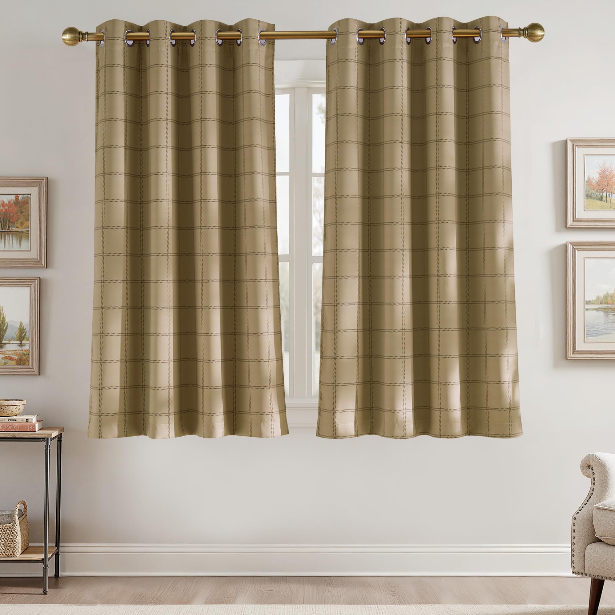 PONY DANCE Full Blackout Tartan Curtains with Eyelets - 46x72 Inch (W x L) Thermal Insulated Check Curtains Light Khaki for Bedroom and Living Room, 2 Panels โ image 1