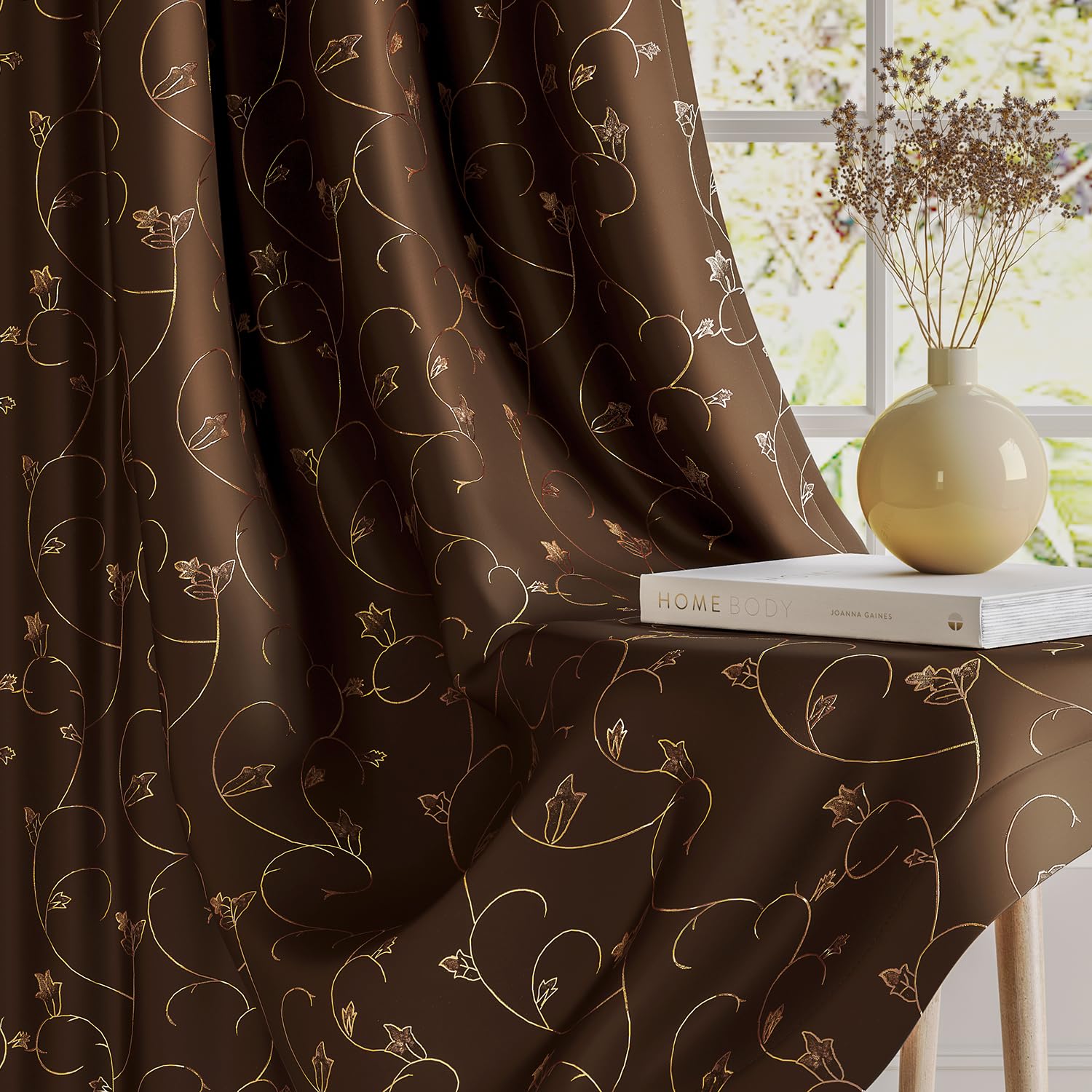 HOKIPO Golden Vine Eyelet Curtain 7 Feet Long Single Panel, Chocolate Brown | Dense weave with metallic gold vine. Blocks 75-80% light. Panel 84 x 48 in, 8 steel eyelets, back fold, 1 tieback.
