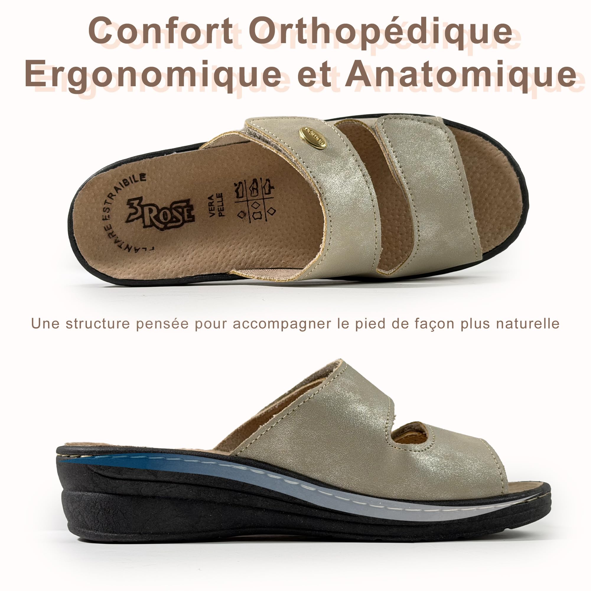 JOMIX Mules Femme Orthopédiques à Scratch Pantoufles d'Été Anatomiques Semelle Amovible en Cuir Véritable Sandales églables Compensées Confortables pour Pieds Sensibles et Senior Bleu 35