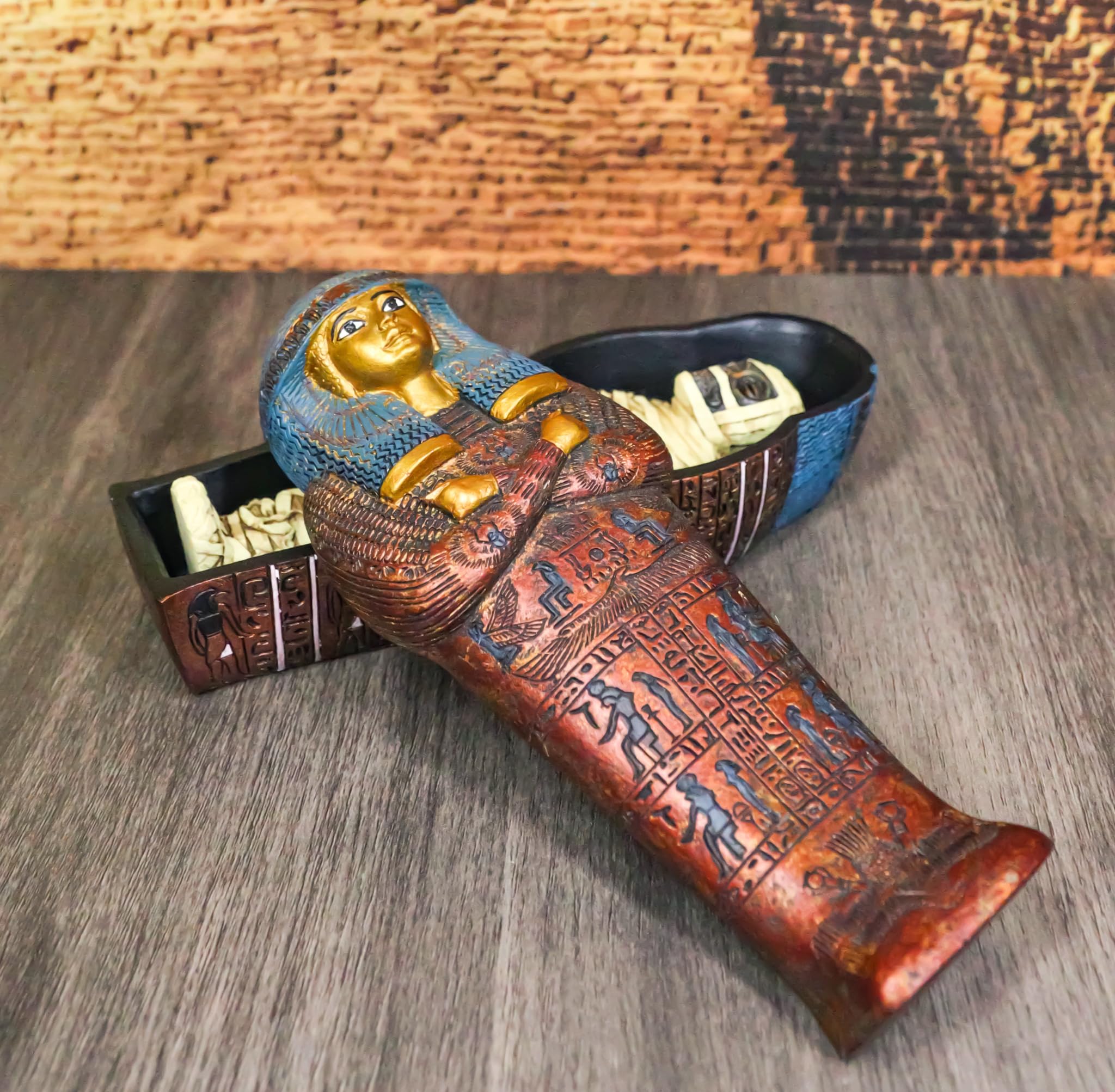 Ebros Ancient Egyptian Civilization Maatkare Hatshepsut The Great Royal Queen of Pharaoh Thutmose Sarcophagus Coffin with Embalmed Mummy Mini Figurine 3 Piece Set 7" Long Pyramid Relic - Image 8