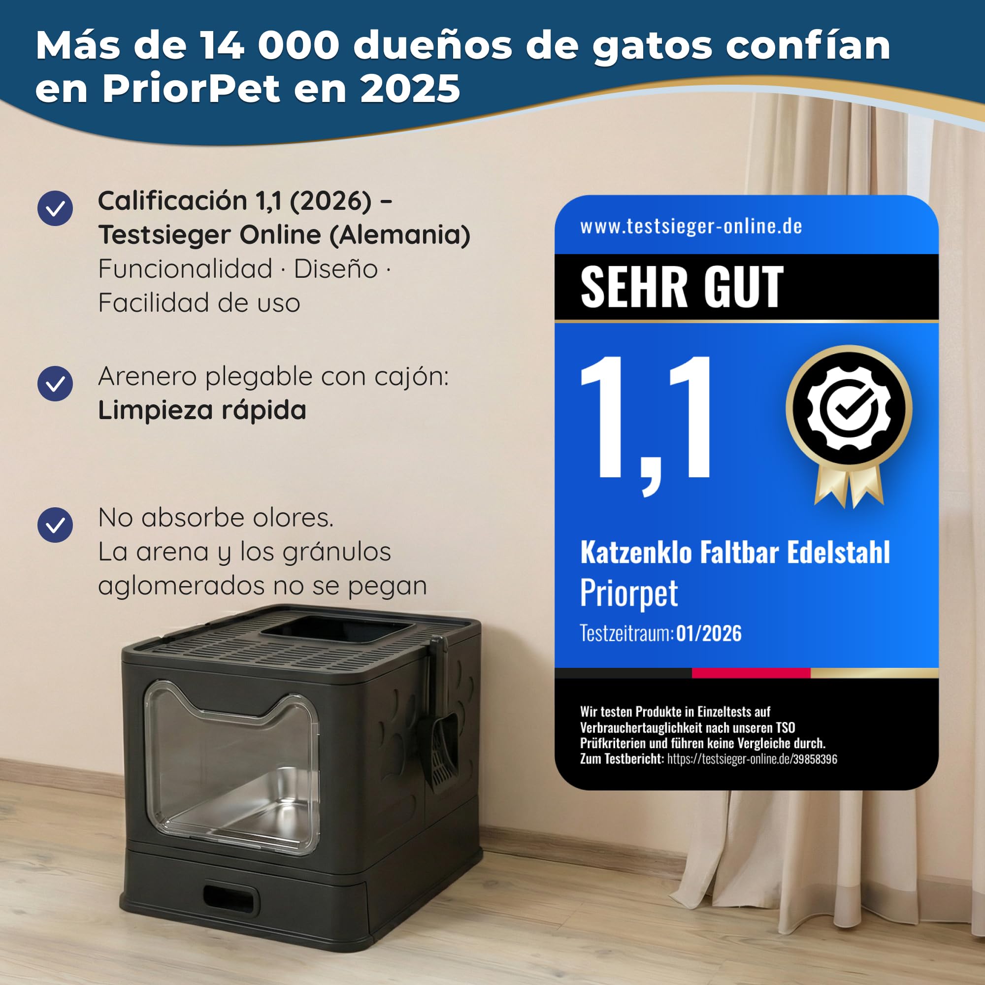 Arenero Gato Acero Inoxidable Cubierto – Caja Arena con Bandeja Extraíble – Antiolores, antifugas, fácil de Limpiar – Arenero para Gatos con Doble Entrada – con Pala – (38,3×51×41 cm) - Negro