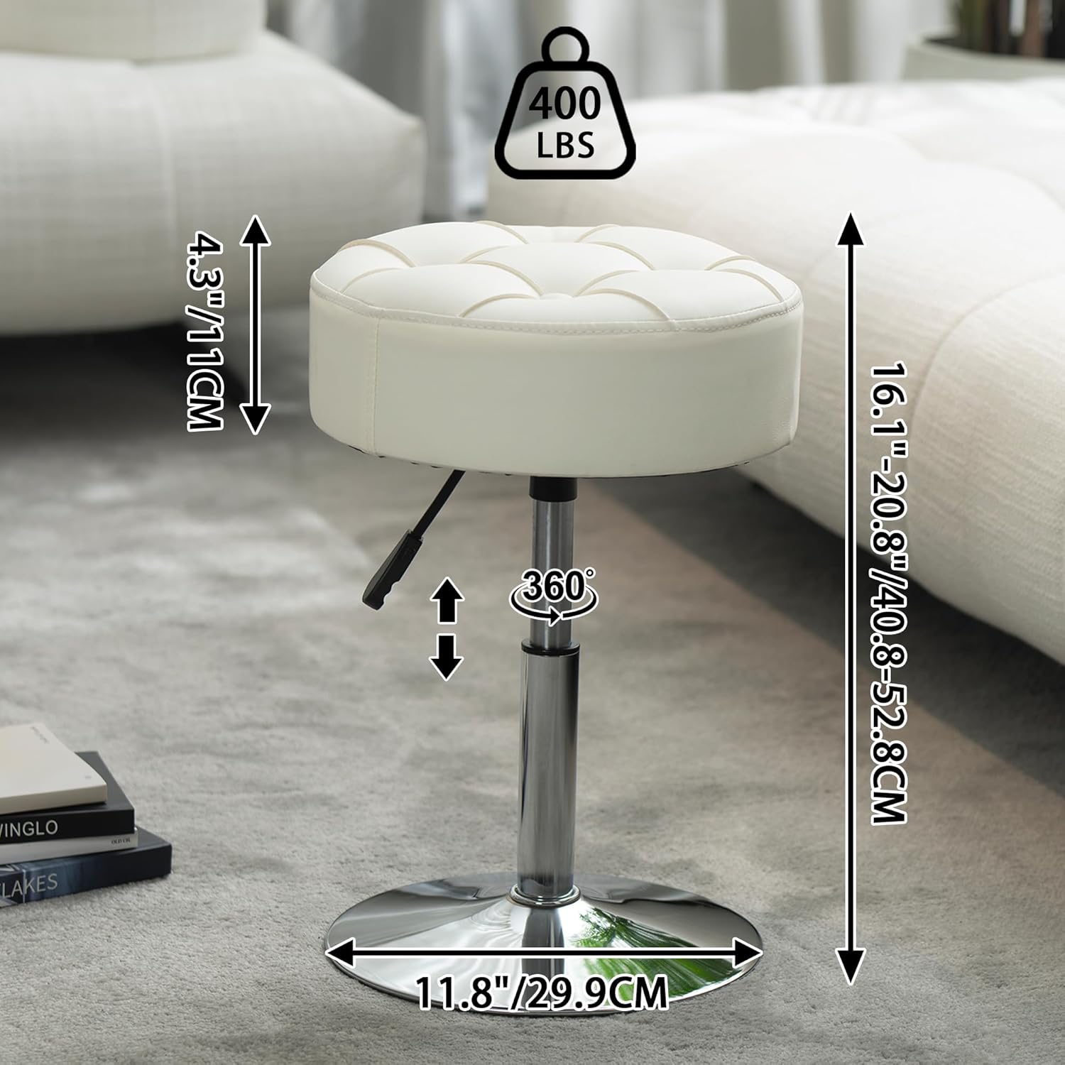 ACEQLYT® Fire-Resistant Adjustable White Vanity Stool, Swivel Vanity Chair for Makeup Room, Small Stool Chair for Vanity Bathroom Living Room, Round Ottoman Makeup Chair, PU Leather