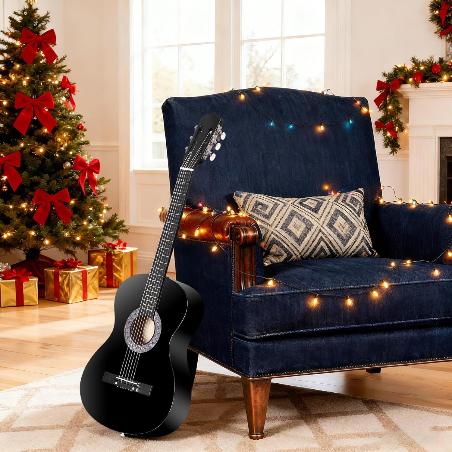 38 Inch Beginner Acoustic Guitar Basic Starter Kit with Strings, Strap, Pitch Pipe, Tuner, Picks, Gig Bag, Black